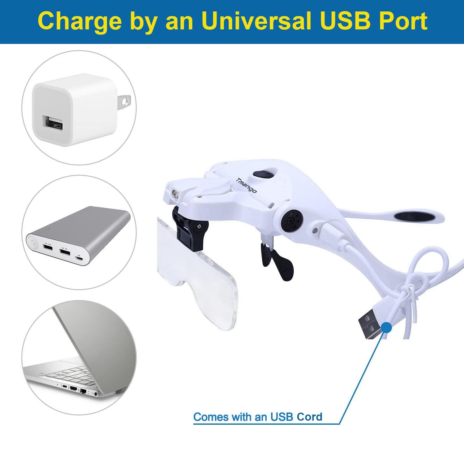 Tmango TMANGO Magnifying Glasses with Light for Close Work, Rechargeable and Hands Free Headband Magnifier, Optivisor for Jewelers, Eyelash, Watch Repair or Cross Stitch