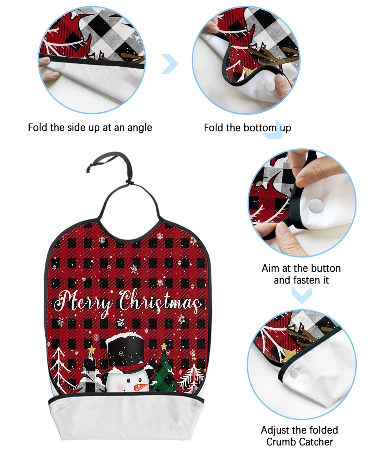 Kewadony Adult Bibs for Elderly Women - Christmas Waterproof Dining Clothing Protectors with Crumb Catcher for Eating/Feeding, Winter Snowflake Snowman Xmas Tree Red Black Plaid Terry Cloth Bib Washable