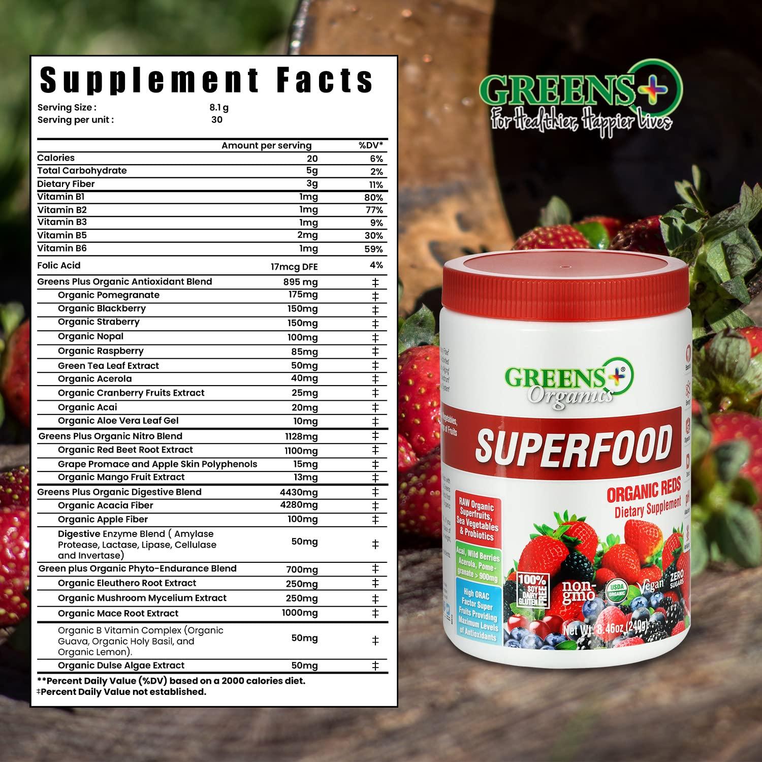 Greens+ Greens+ Organic Reds Superfood Powder Organic RAW Superfood Powder Immune Support Energy Boost, Nutrition, Vibrant Health, Dietary Supplement, Vegan, Soy/Dairy/Gluten Free