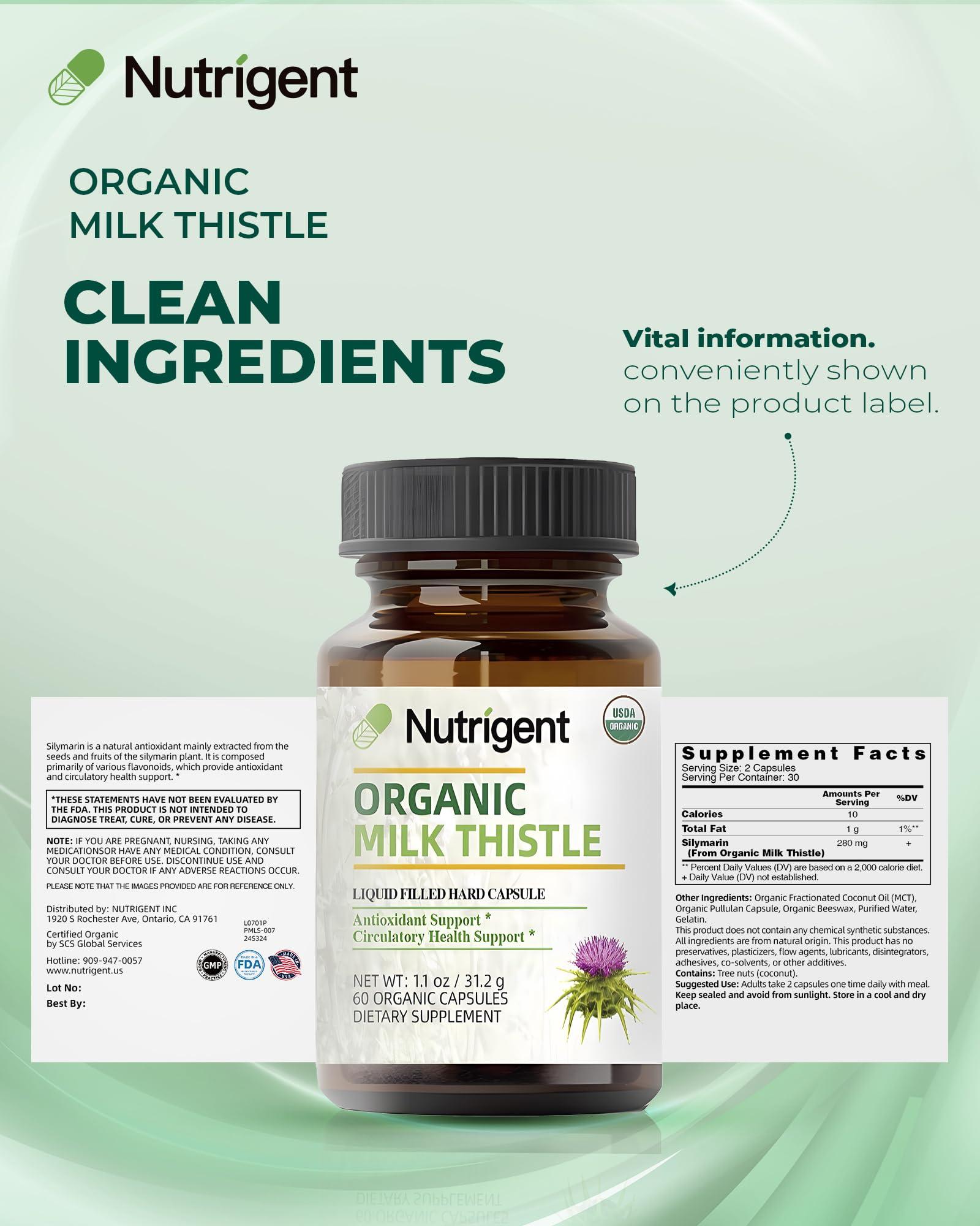 Nutrigent Nutrigent USDA Organic Milk Thistle Supplement 25:1 Extract, 8750 mg Strength, Silymarin Supplement 280 mg, Liquid Organic Capsules, Liver Health & Detox Support, Non-GMO, 60 Count