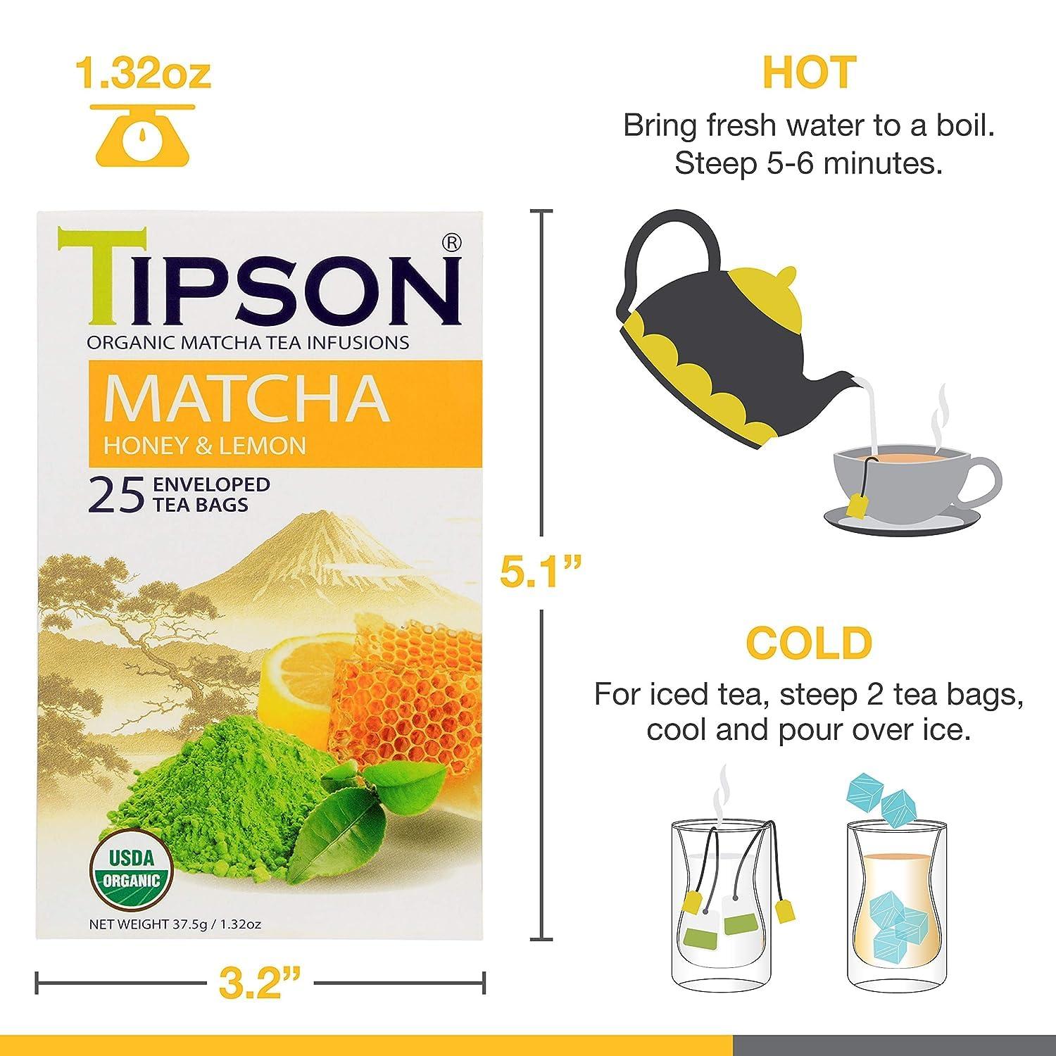 Tipson Tipson Organic Matcha Tea Infusions - Matcha Honey and Lemon Flavor - Non GMO and Gluten Free - 25 Premium Tea Bags (Pack of 1)