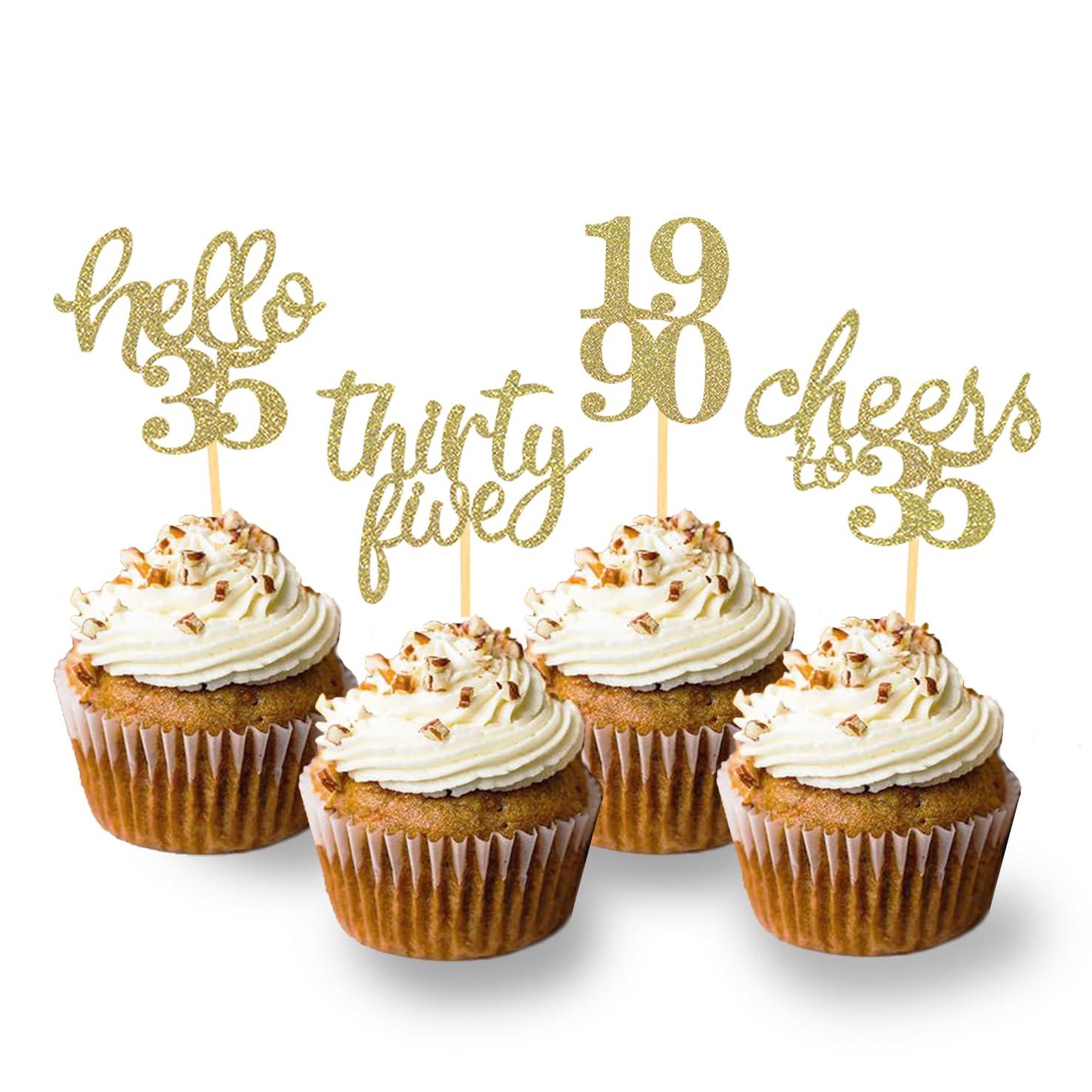 Moitkptt 24Pcs Glitter 35th Birthday Cupcake Toppers, Hello 35th Birthday Cake Topper- 35th Birthday Decorations for Celebrating Thirty-Five Years Old Birthday Party (Gold)