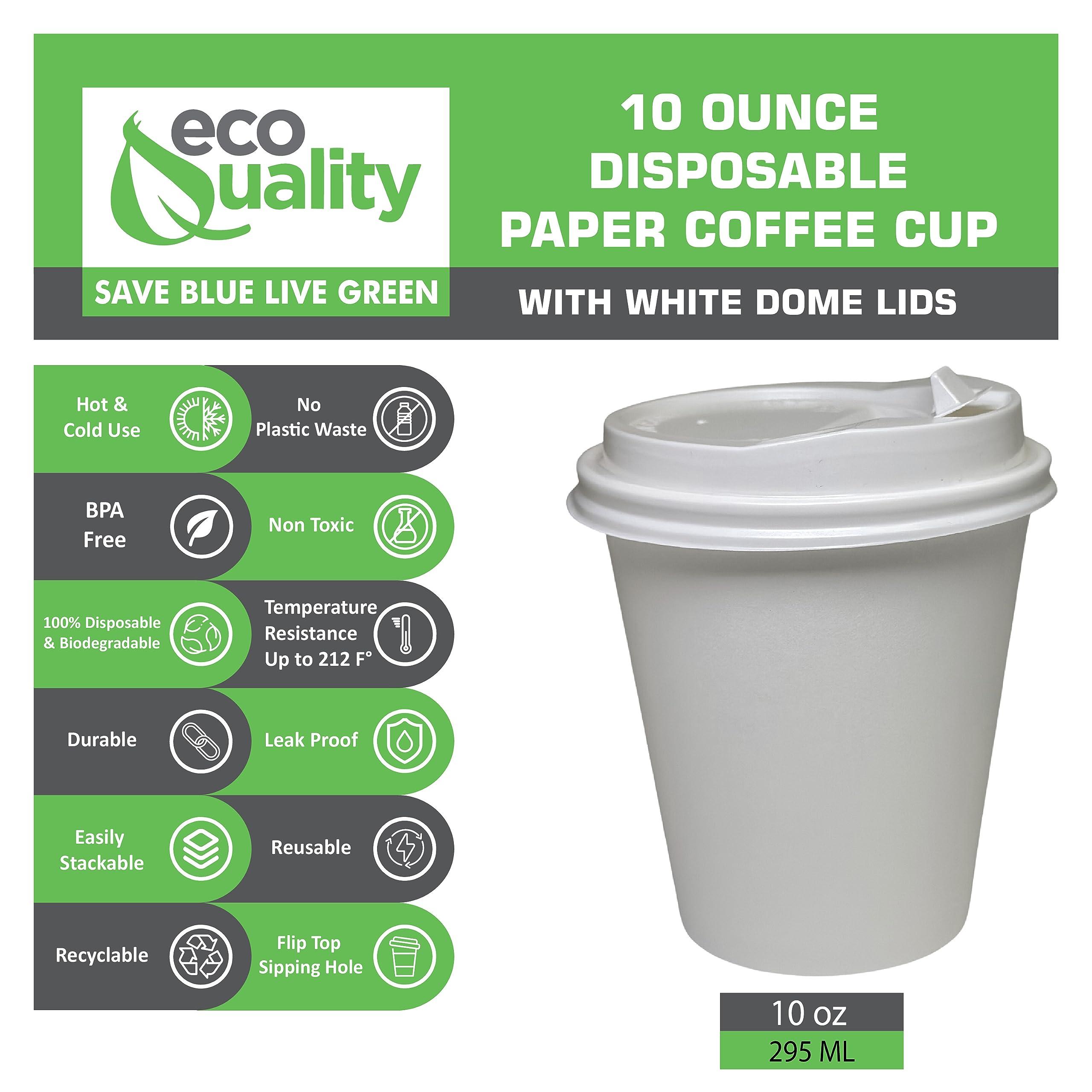 EcoQuality EcoQuality 10 oz White Hot Drink Paper Cups with White Dome Lids - 250 Count - Disposable Paper Coffee Cups perfect for Tea, Latte's, Coffee Shops, Restaurant Grade