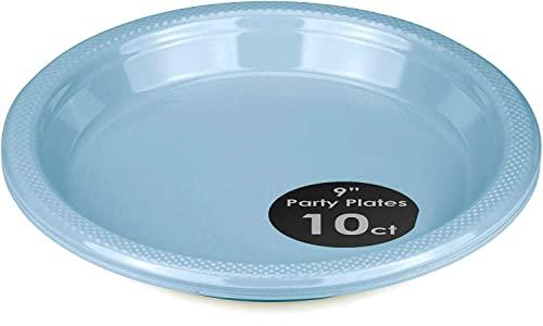 DecorRack DecorRack 10 Large Plastic Plates, Heavy Duty 9 inch Colored Plastic Dinner Plates, Disposable Party Ware for Kids Birthday, Cake Dessert Plates, Holiday Tableware, Light Blue (Pack of 10)