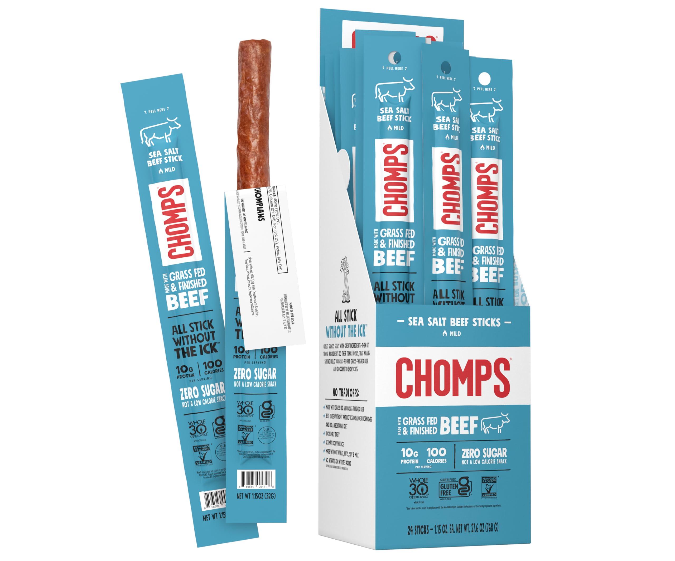 Chomps CHOMPS Grass Fed Sea Salt Beef Jerky Snack Sticks, Keto, Whole30, Paleo, Gluten Free, Sugar Free, Low Carb, AIP Diet Compliant, 1.15 Oz, Pack of 24