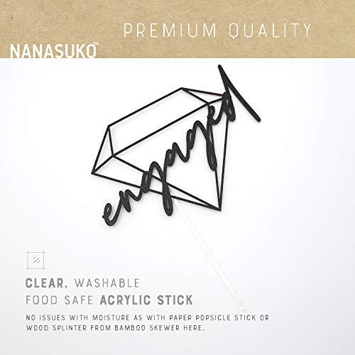 NANASUKO NANASUKO Engagement Cake Topper - engaged - with Modern Geometric Diamond Frame - Double Sided Black Glitter - Premium Quality Made in USA