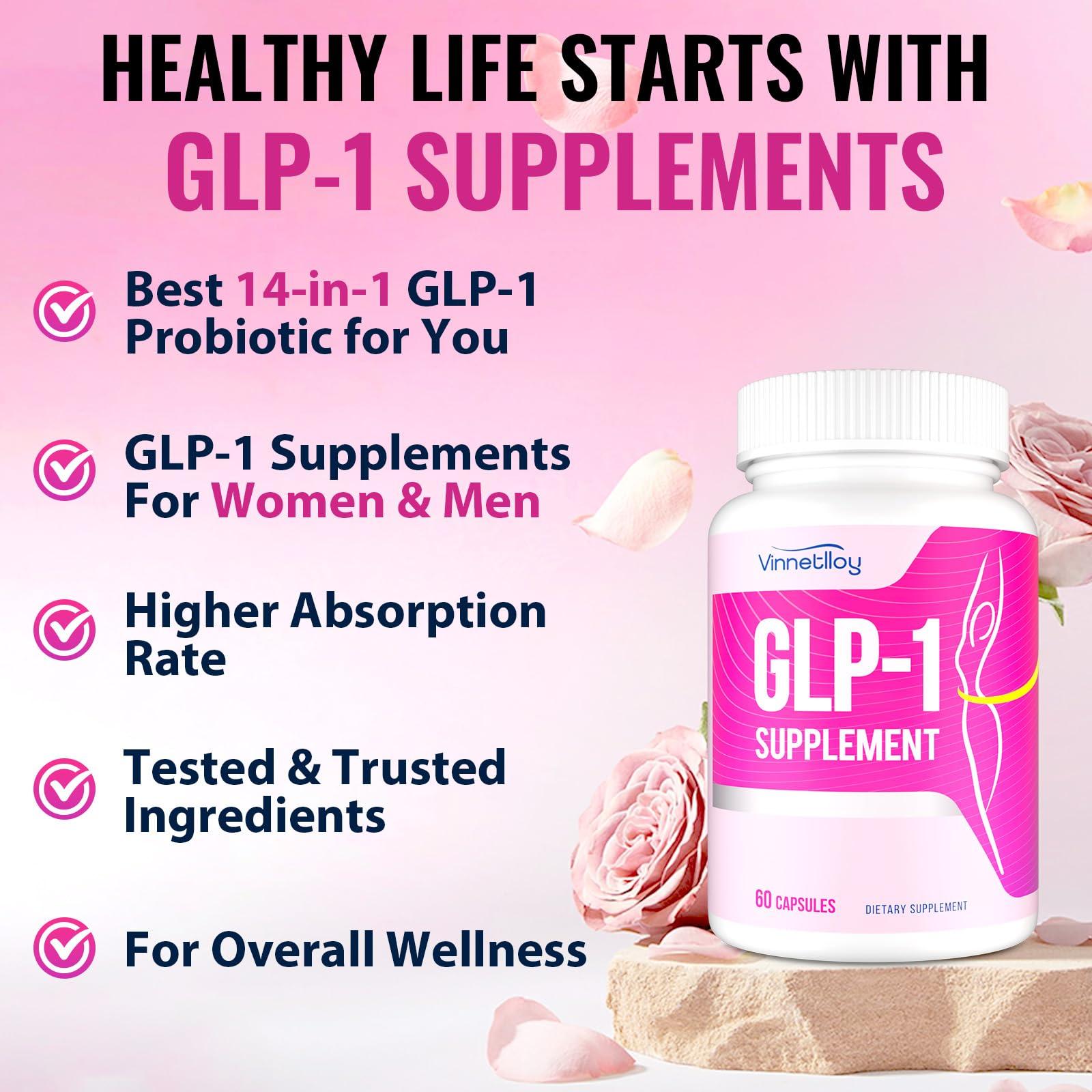 VINNETLLOY GLP-1 Supplement for Women & Men, GLP1 Supplements Women GLP-One Probiotics with Akkermansia Probiotic, Natural GLP1 for Immune, Digestion, Gut, GLP-1 Levels and Overall Health, Vegan - 60 Capsules