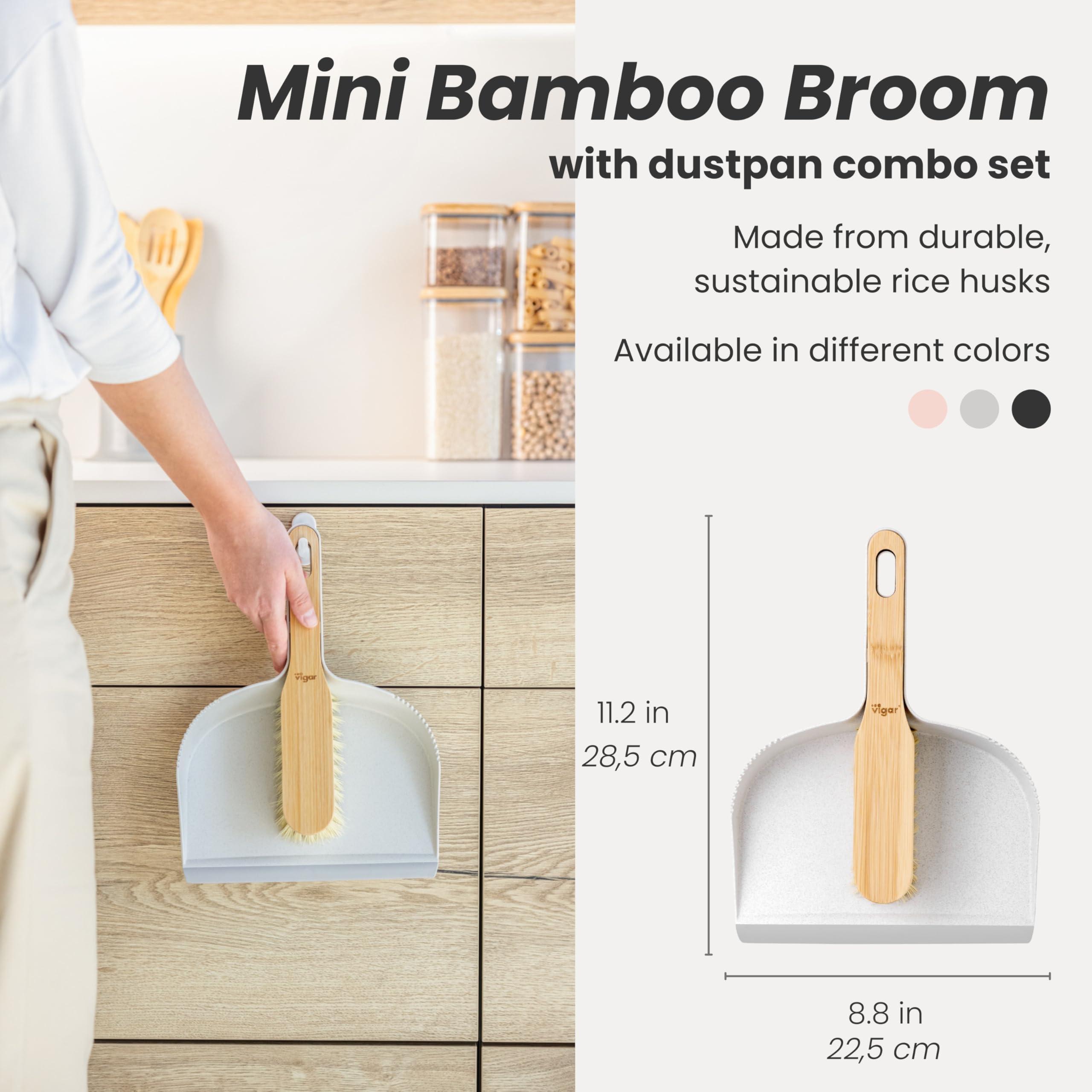 Vigar Vigar Zeroline Mini Bamboo Broom with Dustpan Combo Set, Small Dust Pan and Brush Set for Dust, Pet Hair, Car, and Crumb, House, Kitchen Broom, Gray