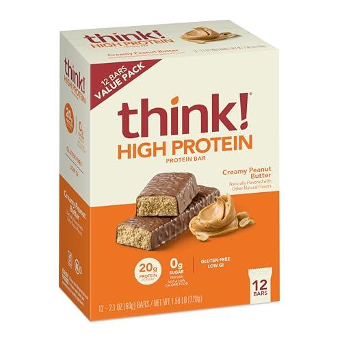think! think! Protein Bars, High Protein Snacks, Gluten Free, Kosher Friendly, Creamy Peanut Butter, Nutrition Bars, 2.1 Oz per Bar, 12 Count (Packaging May Vary)