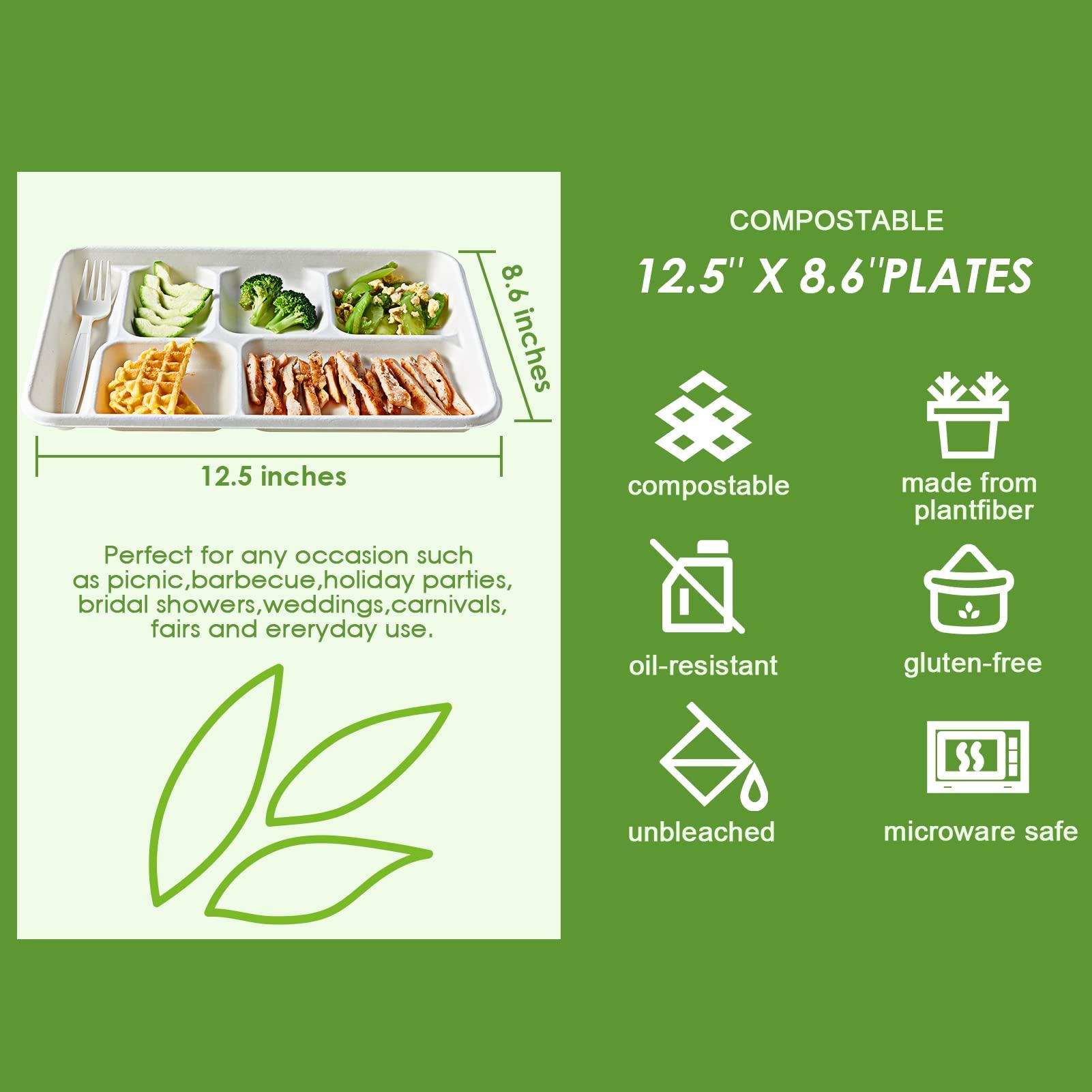 Vplus Vplus 100% Compostable 6 Compartment Plates, 90 Pack Compartment Paper Plate, 12.5 * 8.6 inch Disposable School Lunch Trays, Eco-Friendly Bagasse Plates for School Lunch, Buffet, and Party