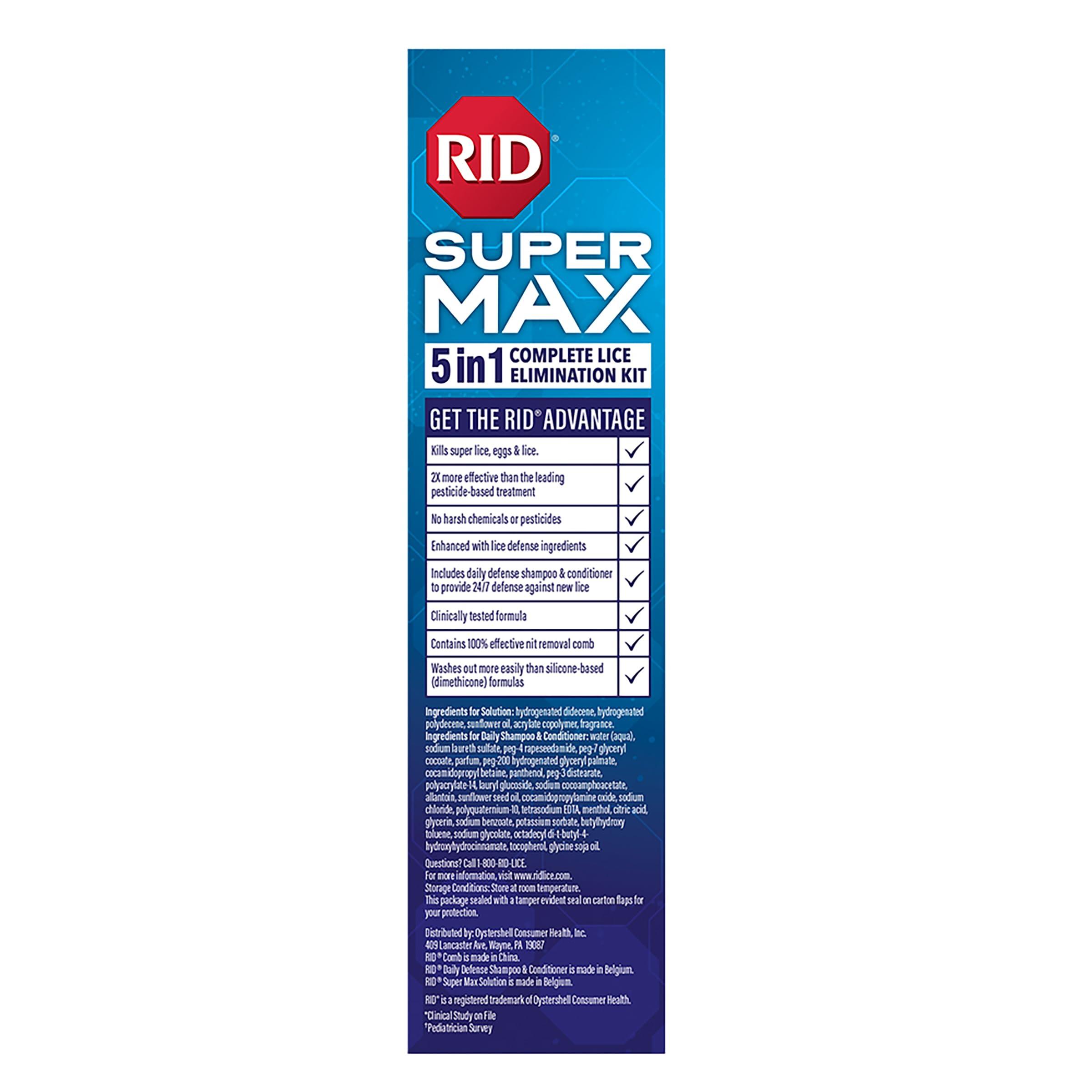 RID RID Super Max Lice Treatment Kit, Kills Lice & Super Lice & Eggs + 24/7 Lice Defense, Pesticide Free, 3.4 FL OZ Solution + 6.8 FL OZ Daily Defense Shampoo & Conditioner + Nit Removal Comb