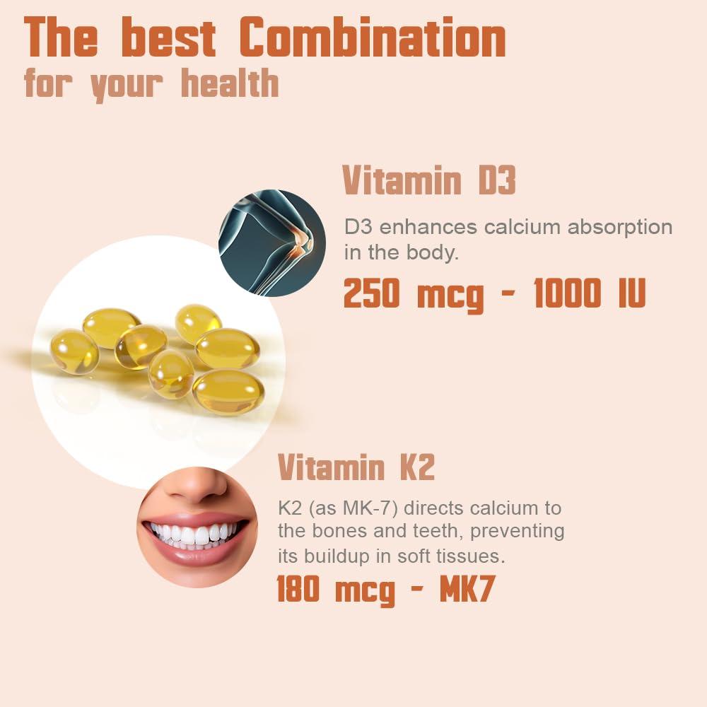 Health Dose Health Dose Vitamin D3 10,000 IU + K2 (MK7) Supplement, 2-in-1 Formula, Immune Support, a Healthy Mood, Heart, Joint, Teeth, Bone Health, Calcium Absorption, 180 softgels. (3)