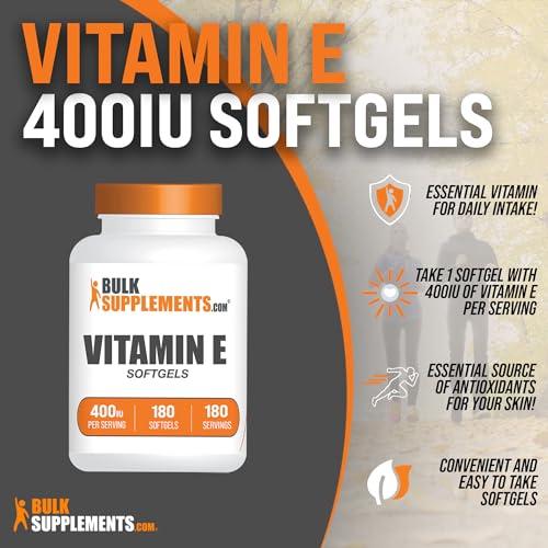 BULKSUPPLEMENTS.COM BulkSupplements.com Vitamin E 400 IU Softgels - Vitamin E Supplement, Vitamin E Softgels - as D-Alpha-Tocopherol, Antioxidants - Gluten Free, 1 Softgel per Serving, 180 Count (Pack of 1)