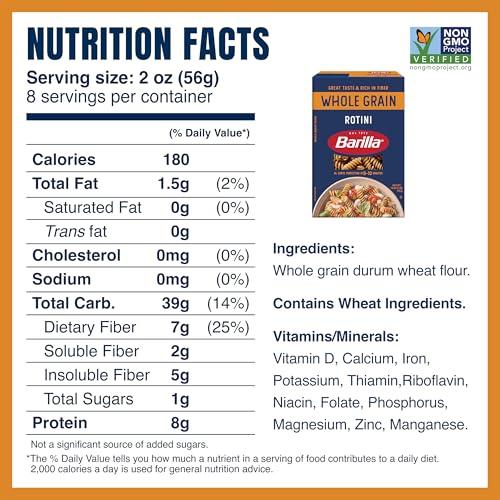 Barilla Barilla Whole Grain Rotini Pasta, 16 oz. Box (Pack of 12) - Non-GMO Pasta Made With 100% Whole Grain Durum Wheat - Great Source of Fiber