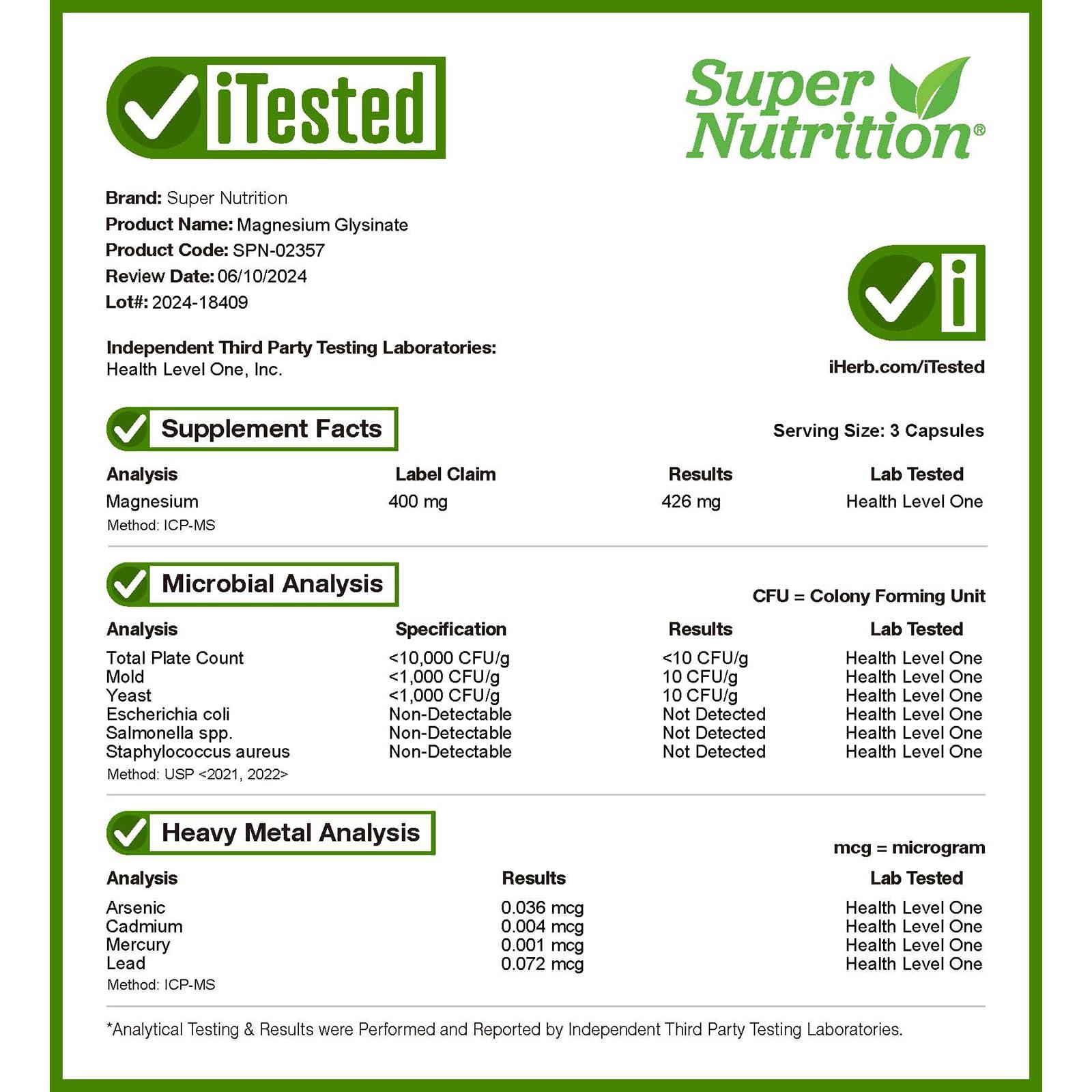 Super Nutrition Super Nutrition Magnesium Glycinate, 400 mg, 180 Veggie Capsules (133 mg Per Capsule)