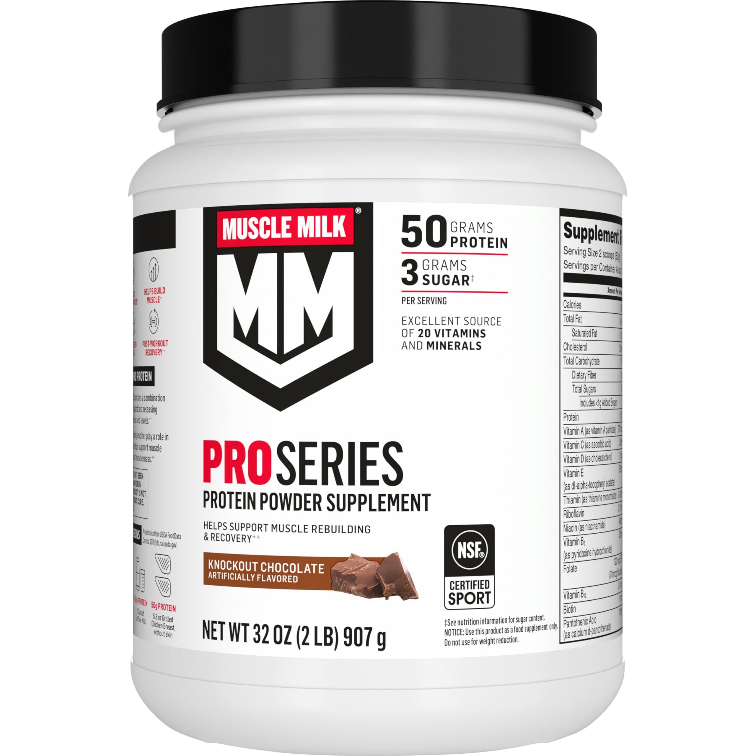 Muscle Milk Muscle Milk Pro Series Protein Powder Supplement,Knockout Chocolate,2 Pound,11 Servings,50g Protein,3g Sugar,20 Vitamins & Minerals,NSF Certified for Sport,Workout Recovery,Packaging May Vary