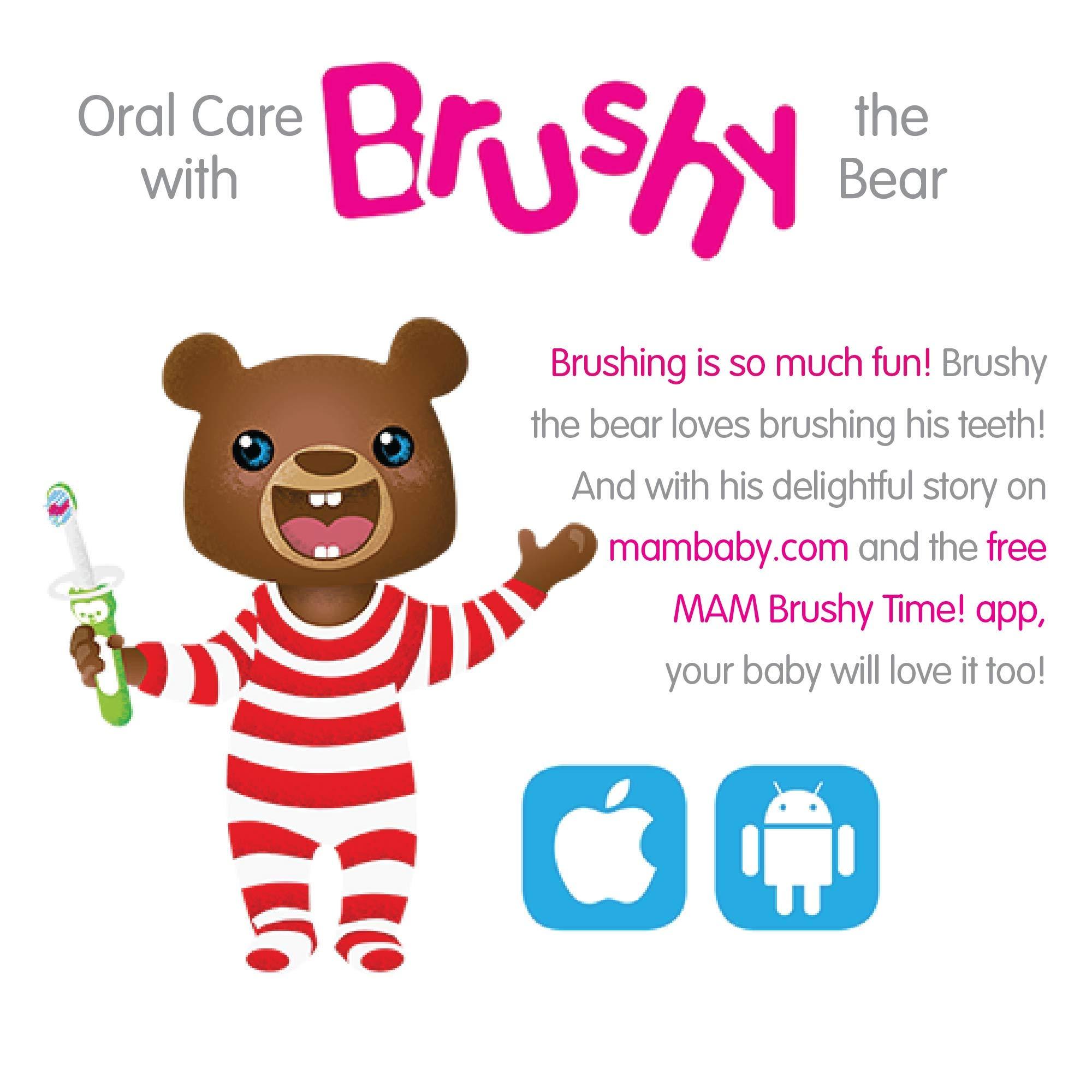 MAM MAM Training Toothbrush for Babies (1 Baby\'s Brush with Safety Shield), Baby Toothbrush with Brushy The Bear Character, Interactive App, for Girls 5+ Months, Pink (Pack of 2)