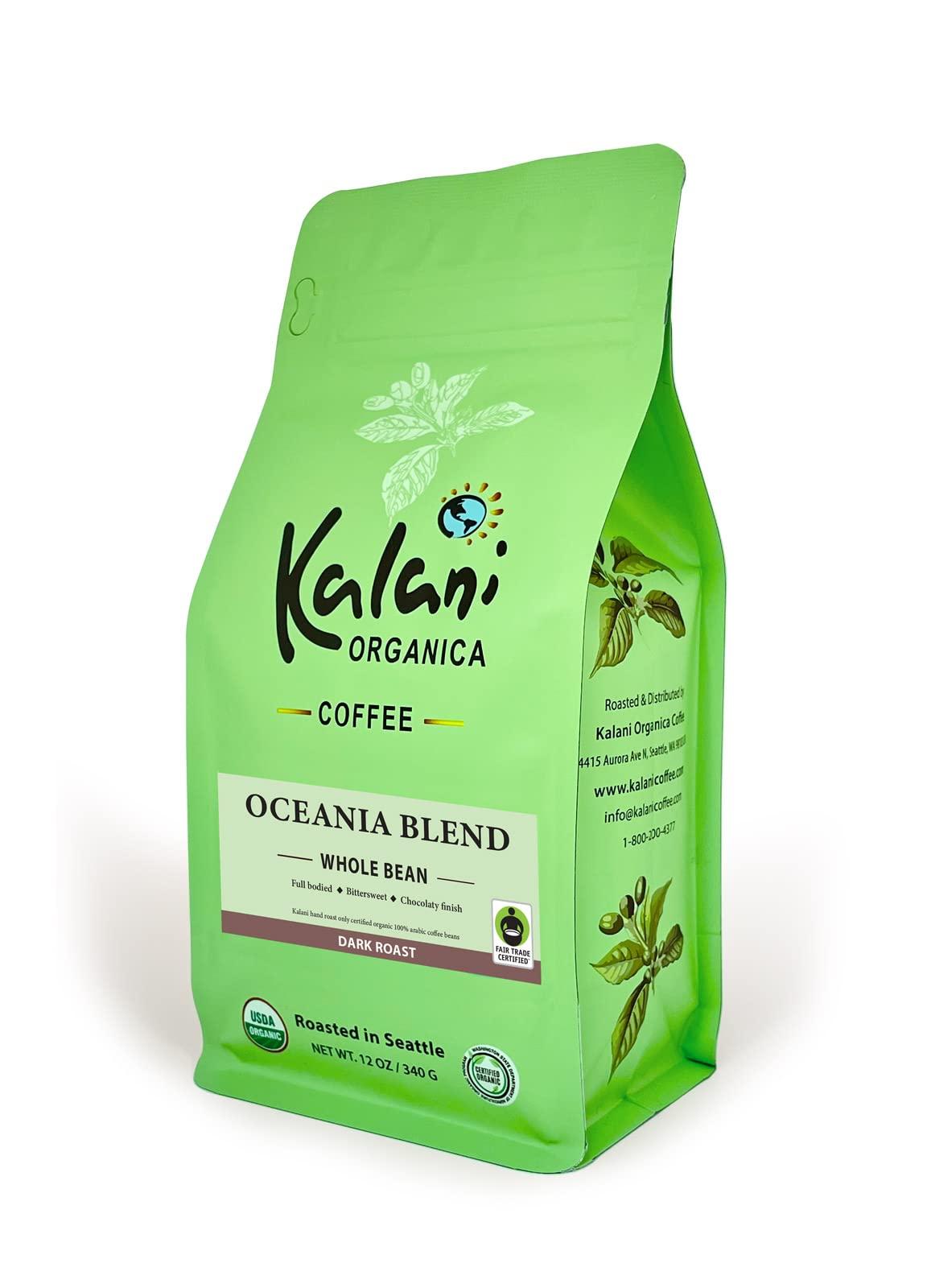 Kalani Organica Coffee Kalani Organica Coffee, Oceania Blend, Dark Roast, Certified Organic, Fairtrade, Whole Bean Coffee, 100% Arabica Coffee 12oz bag
