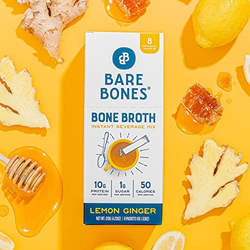 Bare Bones Bare Bones Bone Broth Instant Powdered Mix, Lemon Ginger, Pack of 8, 15g Sticks, 10g Protein, Keto & Paleo Friendly Bone Broth Packets