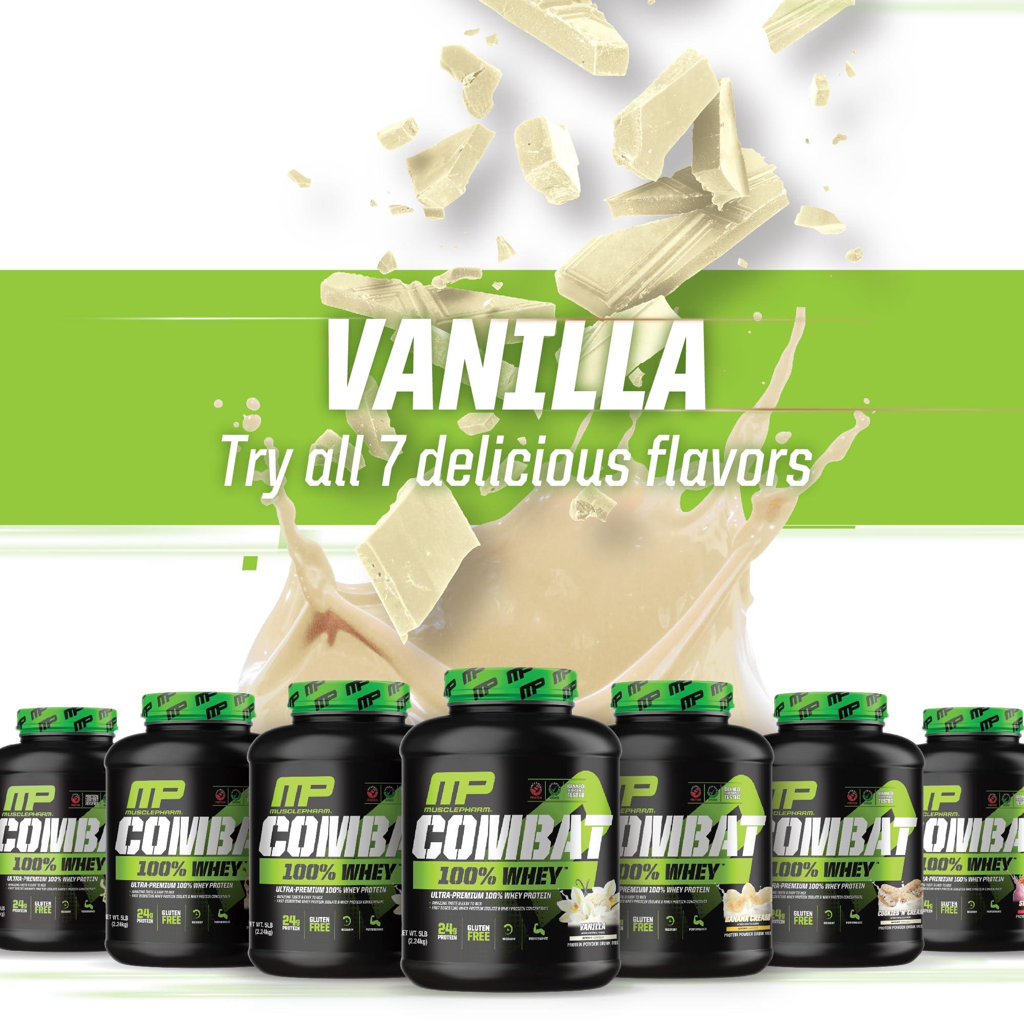 Muscle Pharm MusclePharm Combat 100% Whey Protein Powder, Vanilla Flavor, Fast Recovery & Muscle Gain with Whey Protein Isolate, High Protein Powder for Women & Men, Gluten Free, 5 lb, 70 Servings