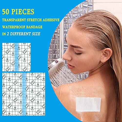 Nuanchu 50 Pieces Shower Waterproof Patch Transparent Stretch Adhesive Bandage Waterproof Clear Adhesive Bandages Tattoo Protective Transparent Film Adhesive Bandages for Tattoos (4 x 4 Inch, 6 x 6 Inch)