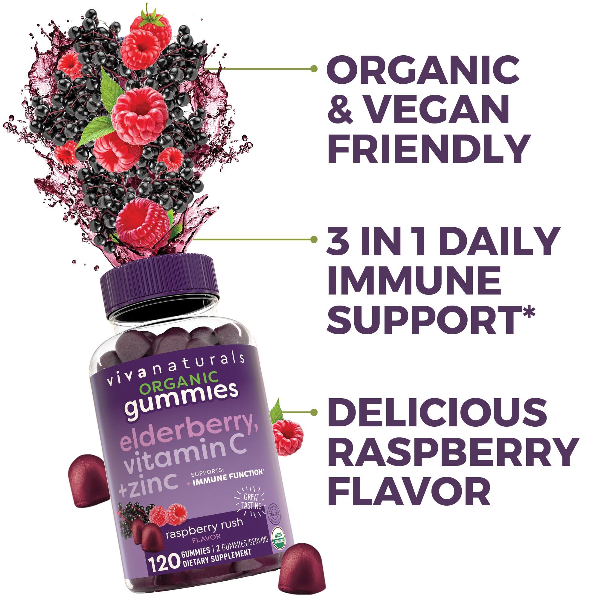 Viva Naturals Organic Sambucus Elderberry Gummies with Zinc and Vitamin C (120 Count) - 3 in 1 Black Elderberry Gummies for Adults Immune Support, Chewable Elderberry Supplements, Immunity Gummies