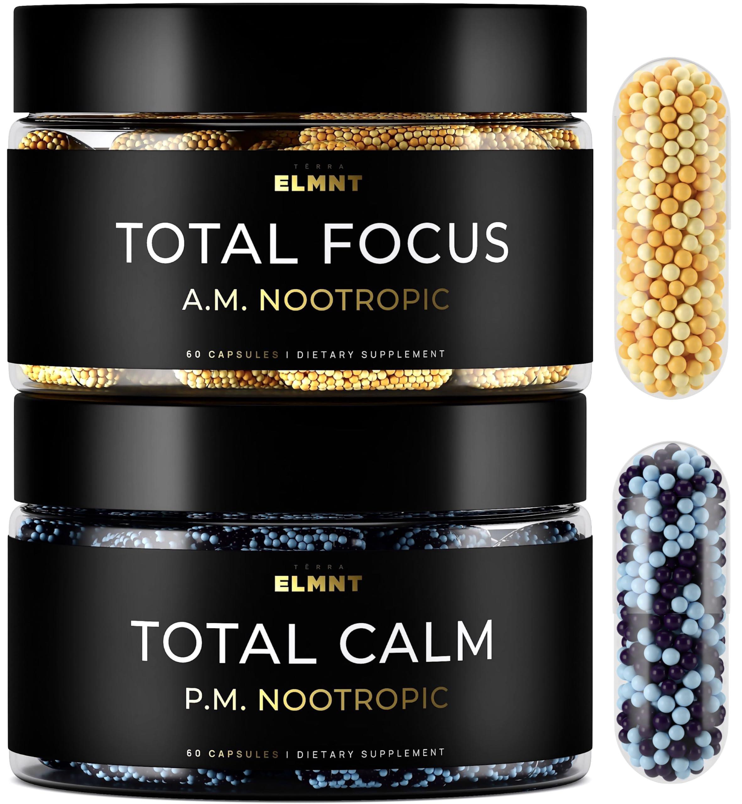 TERRA ELMNT AMPM Nootropic Total Focus + Calm 9X Strength w. Caffeine, L-Theanine, Alpha GPC, L-Tyrosine, Ashwagandha - X-Release Energy Pills Nootropics Brain Support Supplements for Memory and Focus Supplement