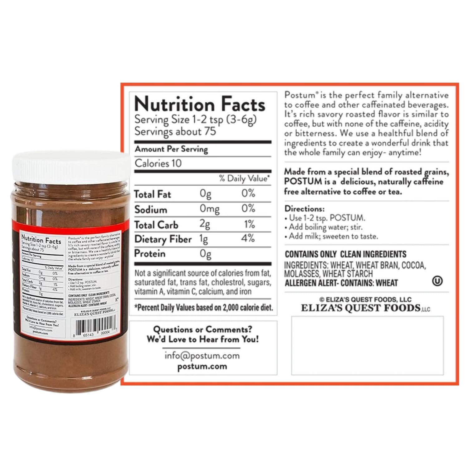 Postum Postum Cocoa Blend Flavor Coffee Substitute Caffeine Free Delight with Roasted Wheat Bran & Molasses (2 x 8oz)| Natural, Non-GMO, Vegan & Healthy Coffee Alternative Caffeine Free Hot Chocolate