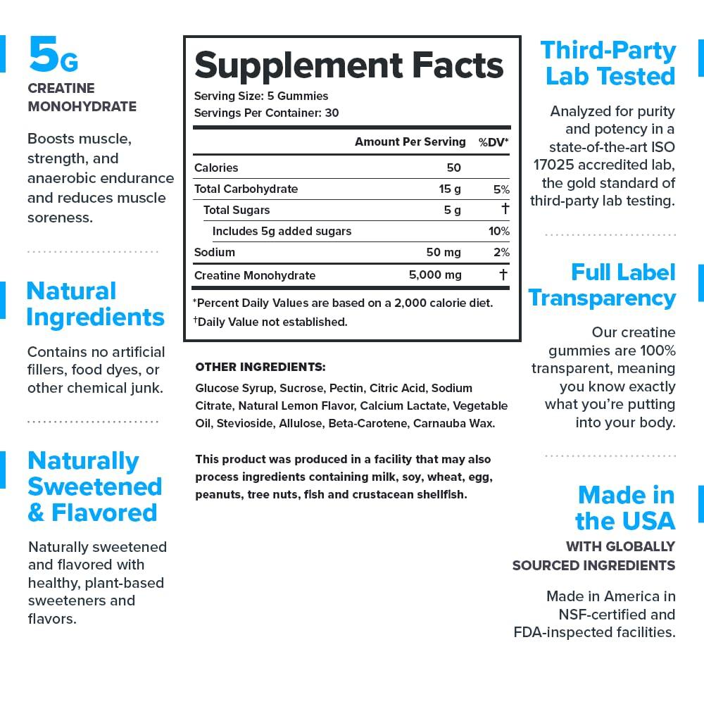 LEGION LEGION Creatine Monohydrate Gummies - Clean Creatine Gummies for Muscle Gain, Improving Endurance & Post Workout Recovery - Creatine Supplement for Maximum Absorption (150 Lemon Drop Gummies)
