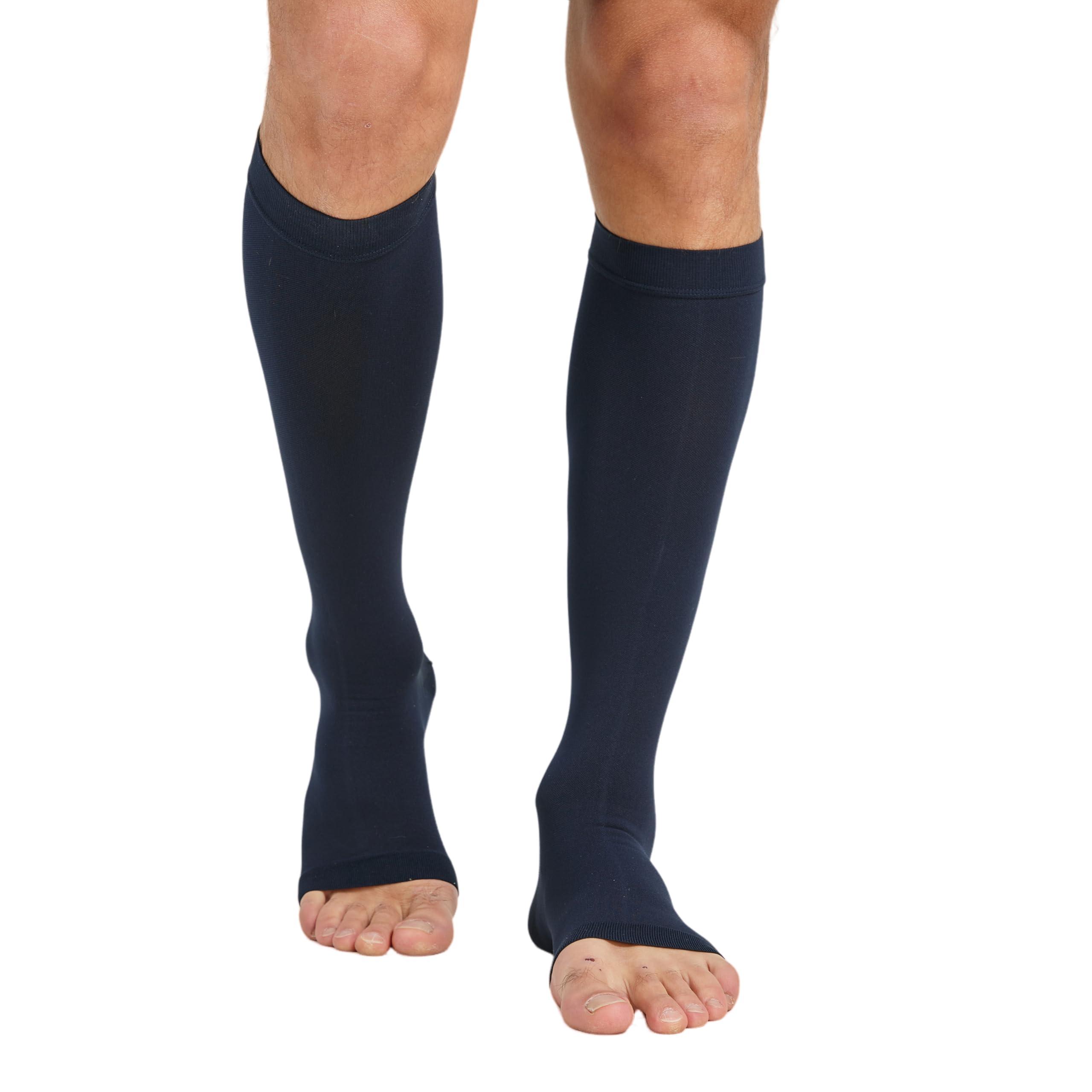 MGANG MGANG 20-30 mmHg Compression Stocking for Men and Women, Medical Compression Socks, Knee High Length, Open Toe, for DVT, Varicose Veins, Relief Shin Splints, Edema, Navy Blue X-Large