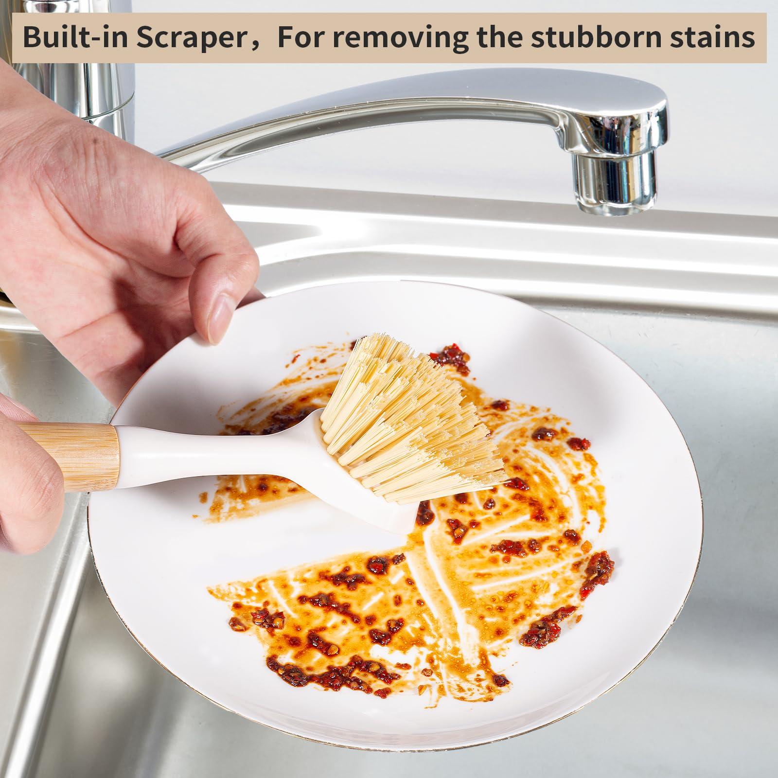 TEZZ Kitchen Dish & Cast Iron Brush with Scraper, [2 Pack] Skillet Scrub Cleaner with Handle, Kitchen Cleaning Scrubber for Dishes, Pots, Cast Iron Skillet, Non-Stick Frying Pans, Sinks and House Cleaning