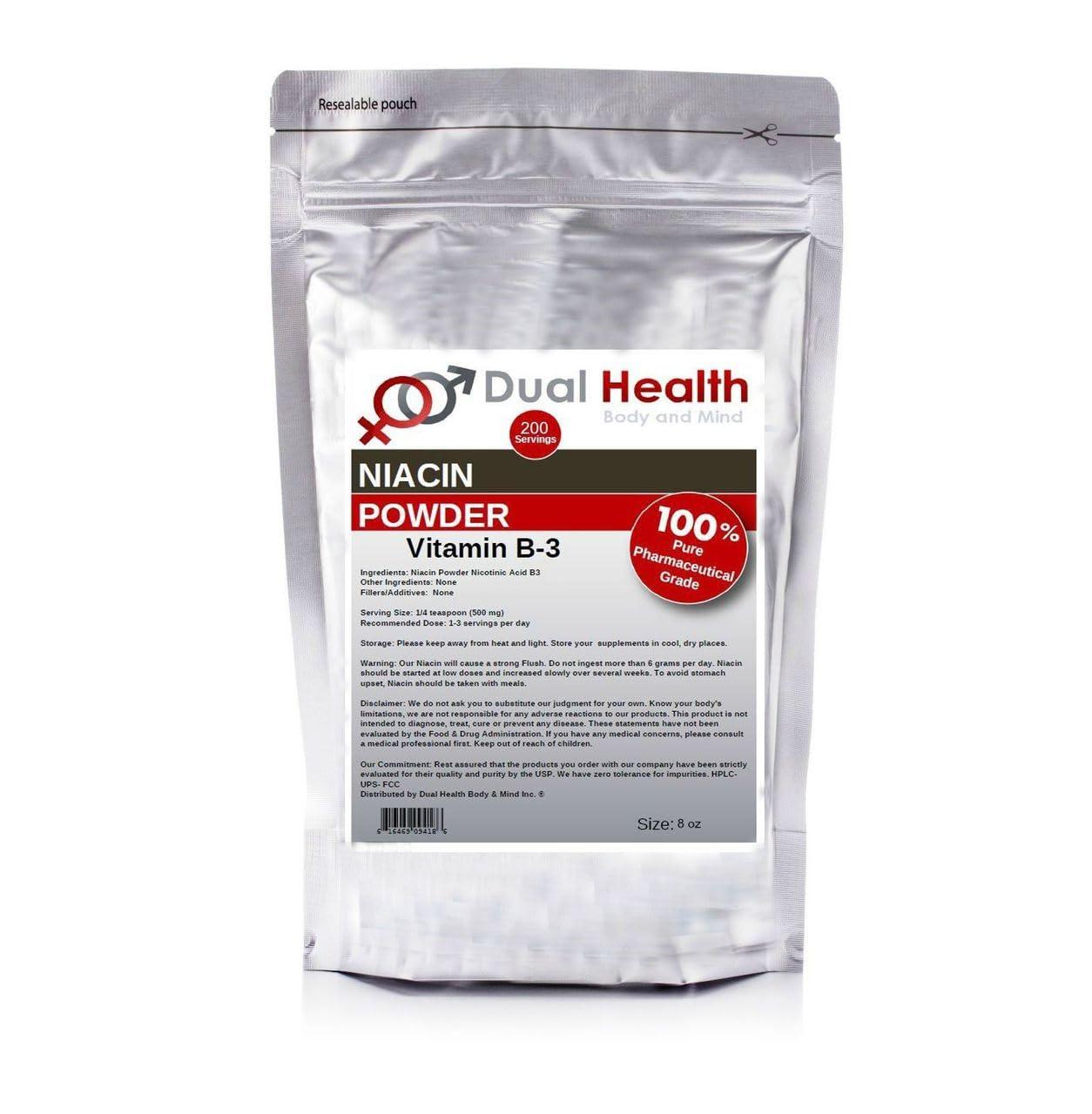Dual Health Body and Mind Niacin Powder (8 oz) Vitamin B3 Bulk Supplement Immediate Release Niacin with Flush Nicotinic Acid Non-GMO, Vegan, Gluten Free Company Fast Absorption No GMOs, Fillers, Additives or Heavy Metals