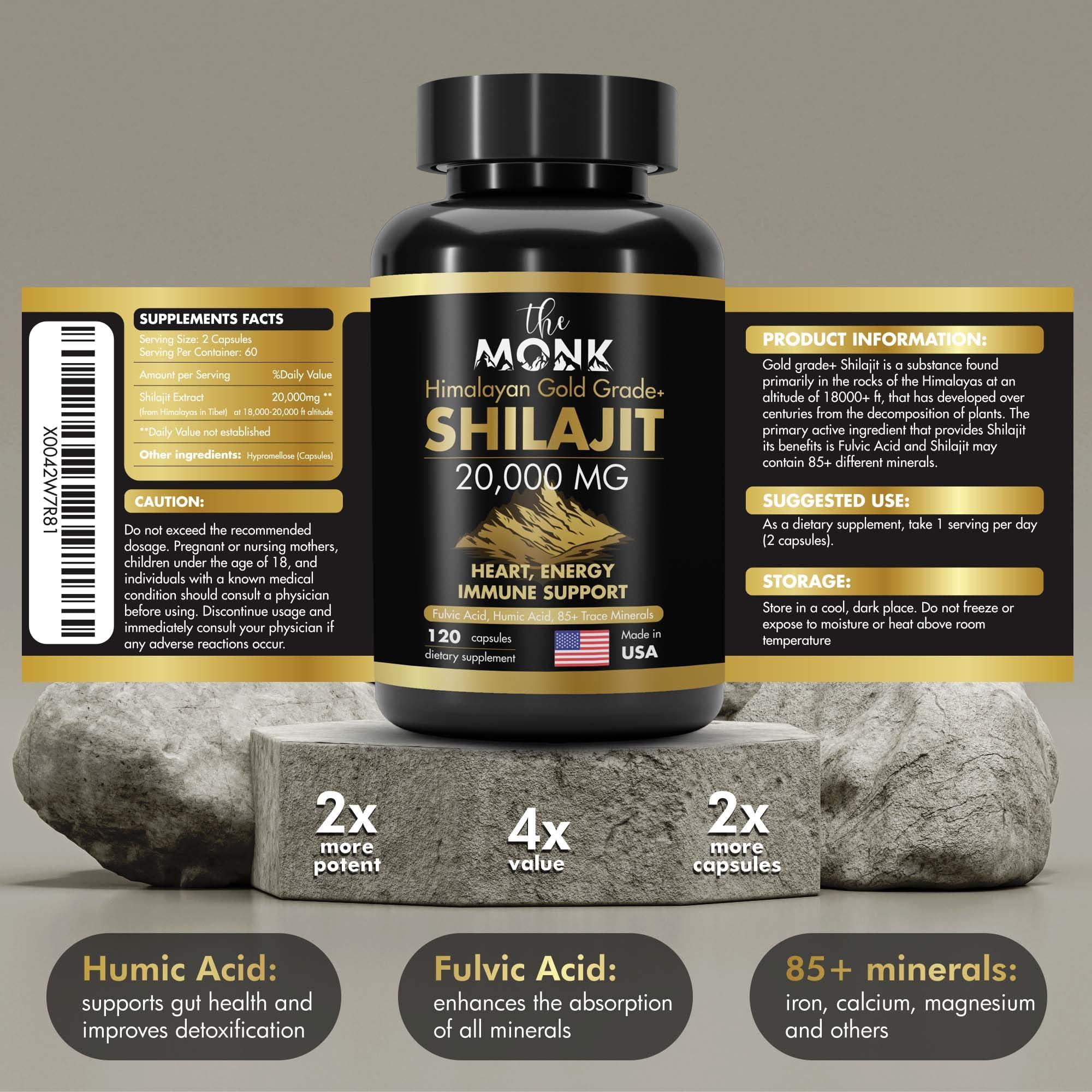 THE MONK Organic Shilajit with Fulvic Acid, Humic Acid, 85+ Minerals- Gold Grade Plus - Same as Resin - Energy, Stamina, Brain Support - 20,000mg, 120 Capsules - Made in The USA