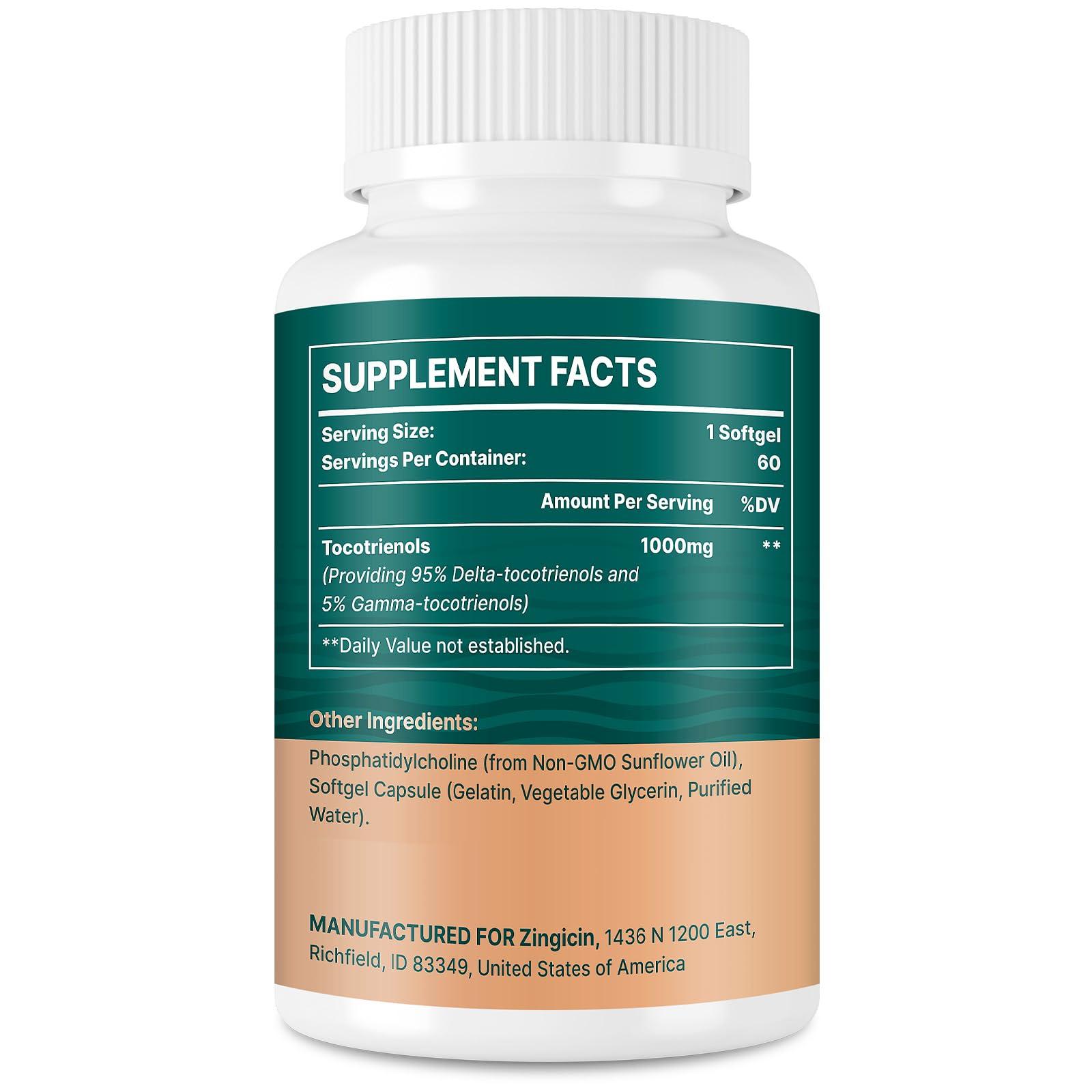 Zingicin Zingicin Vitamin E Tocotrienols - Liposomal Vitamin E Oil 1000mg, Highly Absorbable Delta Tocotrienol and Gamma Tocotrienol for Cardiovascular, Bone Health, and Antioxidant Support, 60 Softgels