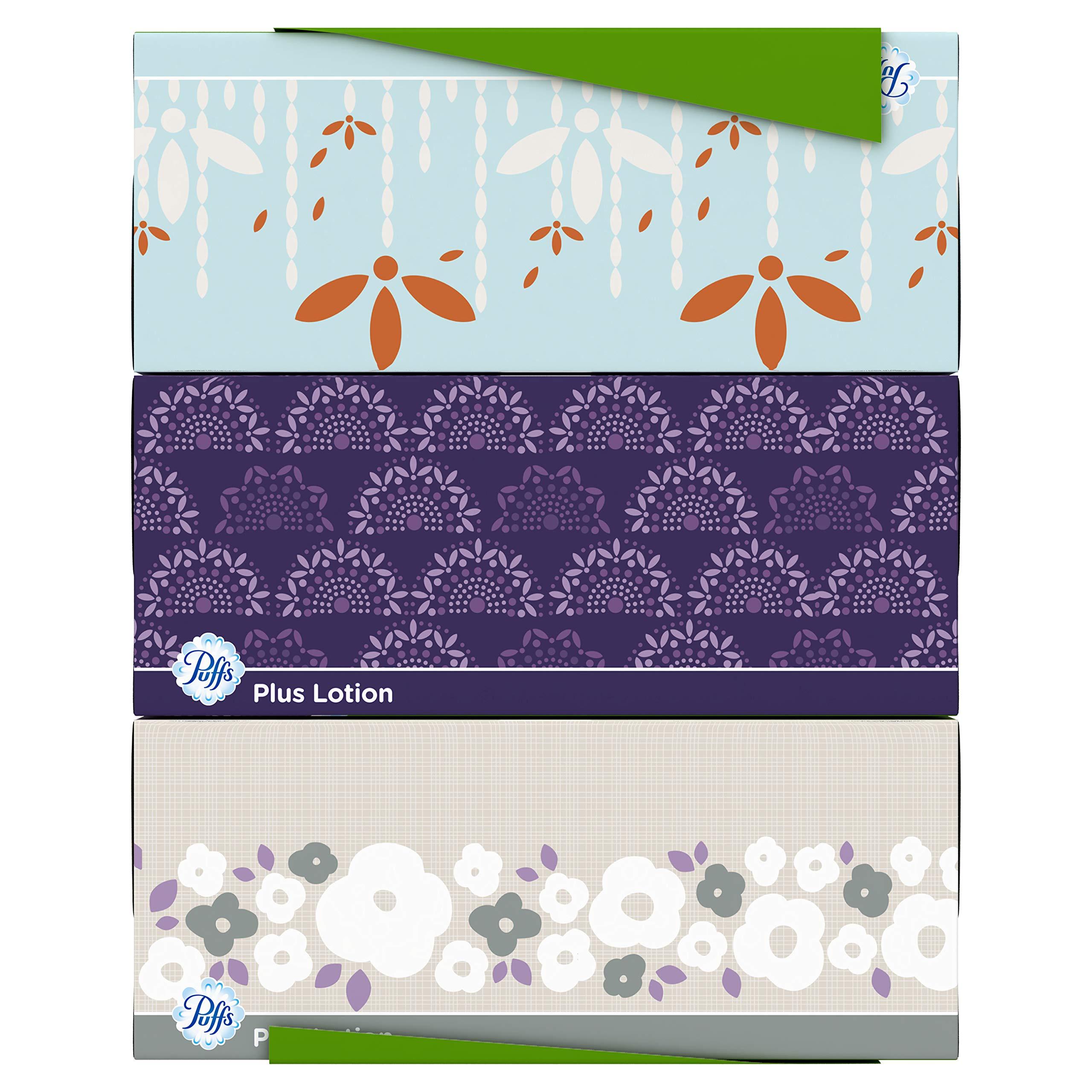 Puffs Puffs Plus Lotion Facial Tissues, 3 Family Boxes, 124 tissues per box, 372 Count