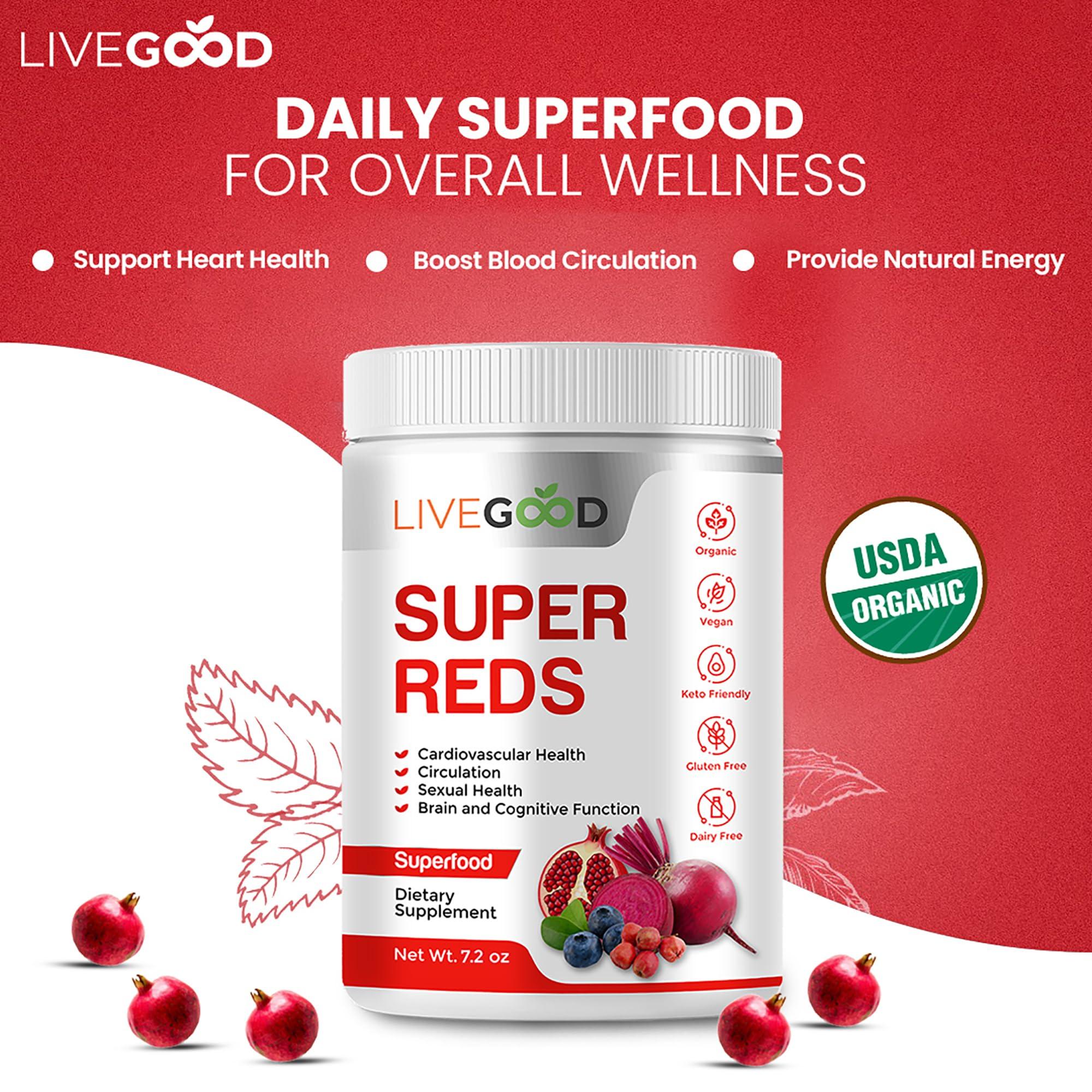 LIVEGOOD LIVEGOOD Organic Super Reds with Alfalfa, Barley Grass, Beet Root, Pomegranite, Grape Seed, Vegan, Gluten Free, 7.2 oz.