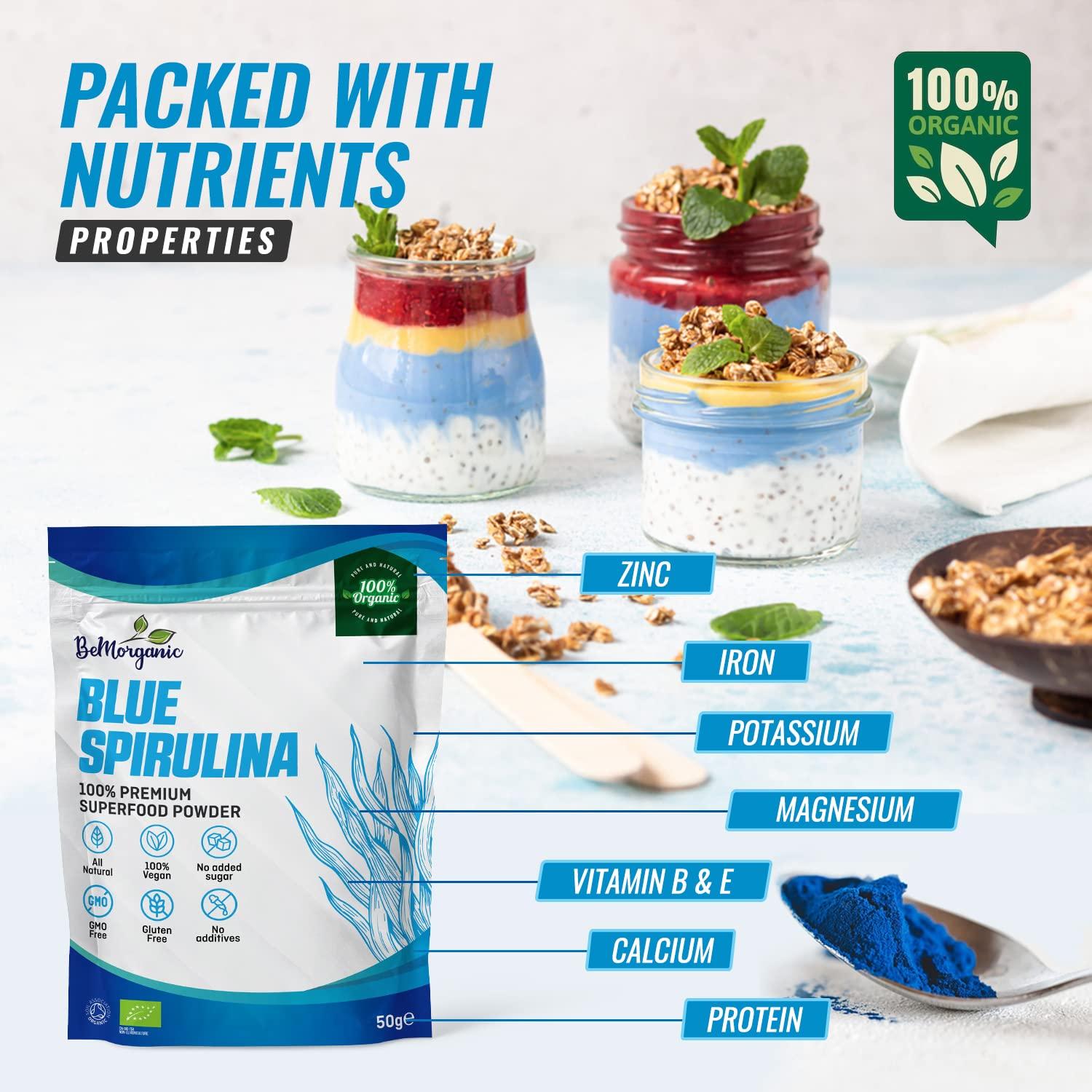 BeMorganic BeMorganic Organic Blue Spirulina Powder - 100% Organic Phycocyanin Spirulina Powder | 50g Vegan Non-Gluten Powder with No Added Sugar