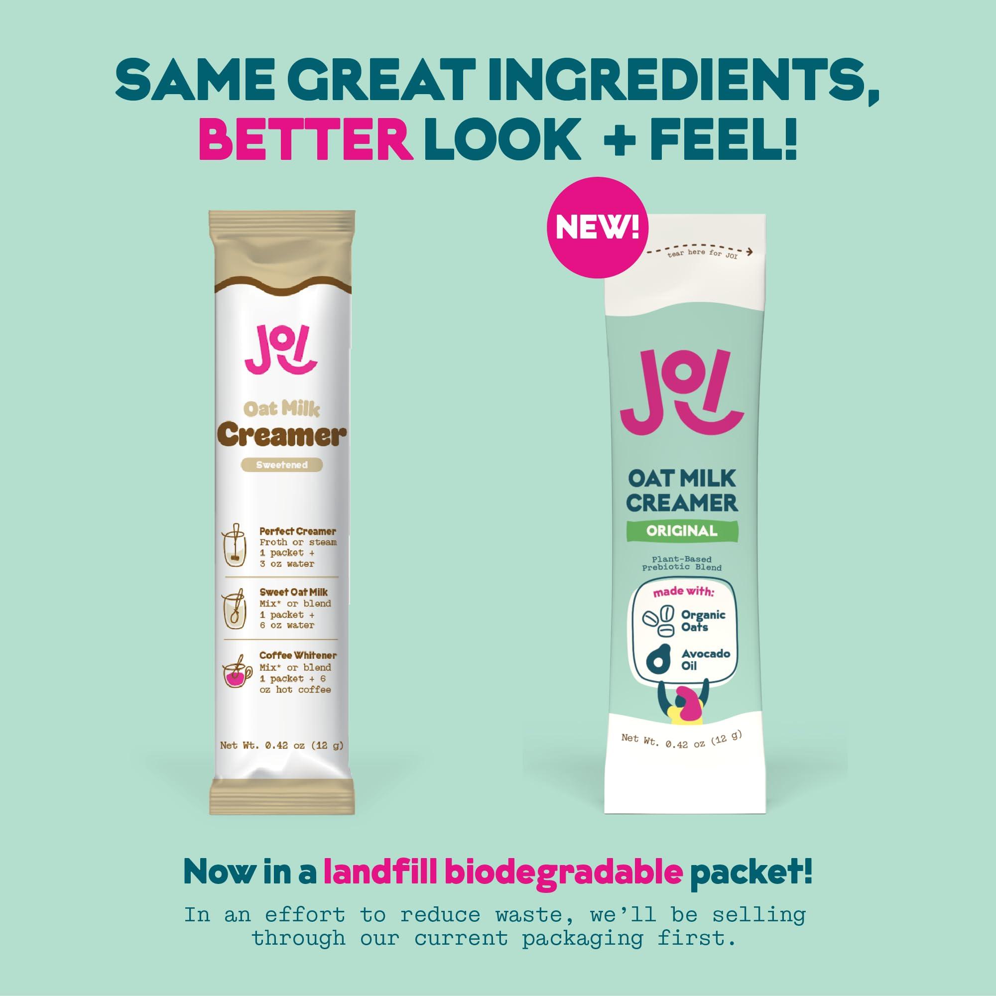 JOI Oat Milk Coffee Creamer, Sweetened 10ct Carton by JOI - Superfood, Vegan, Dairy Free, Plant Based, Kosher, Shelf-Stable, Barista, Fortified with Calcium. Use in Coffee or Protein Shakes. Single Serve.