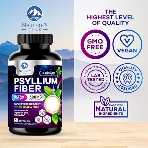 Nature\'s Peak Psyllium Husk Powder Caps 1500mg - Non-GMO, Natural Soluble Fiber for Daily Digestive Health & Regularity Support, Vegan Psyllium Fiber Supplement with Plant Based Fiber, Sugar Free - 60 Capsules