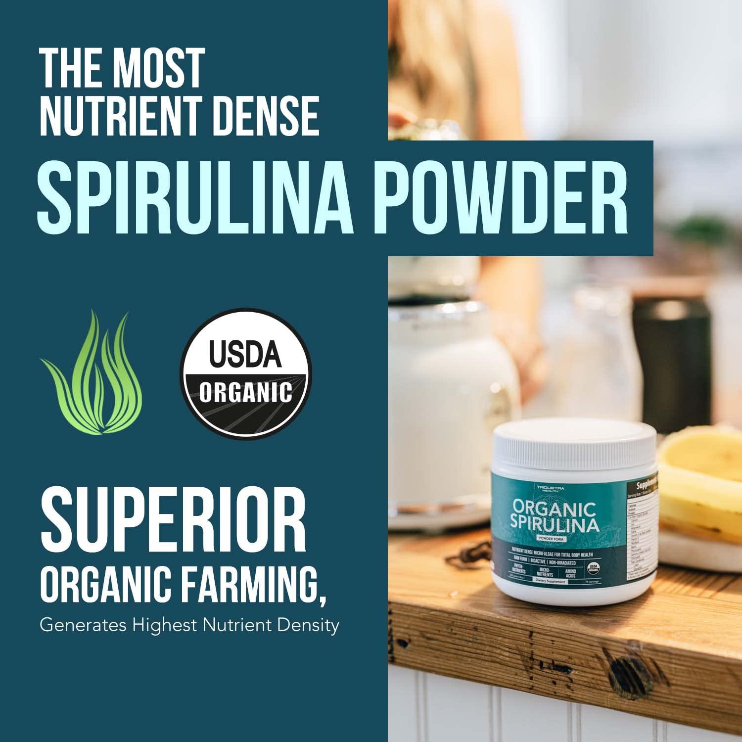 Triquetra Health Organic Spirulina Powder - Made with Parry Spirulina. The Best Spirulina in The World, Highest Nutrient Density - Non-Irradiated, 4 Organic Certifications, Vegan Farming Process (75 Servings - 8 oz.)