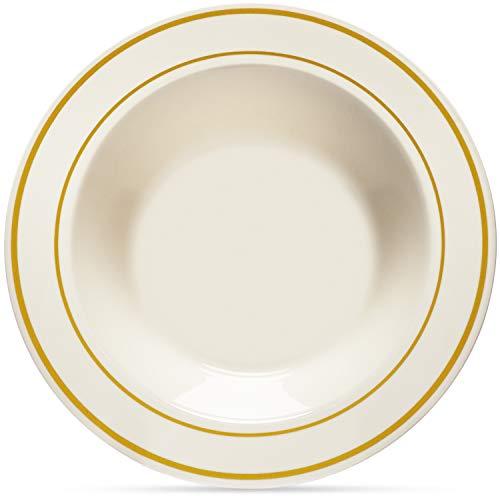 Oasis Creations Gold Rimmed Ivory Bowls - 12 ounce - 50 Count - Hard Plastic - Disposable or Reusable - Dessert Bowls - Salad Bowls- Cereal Bowls - Pasta Bowls - Ideal for Weddings, Parties, Gatherings, Events &More!