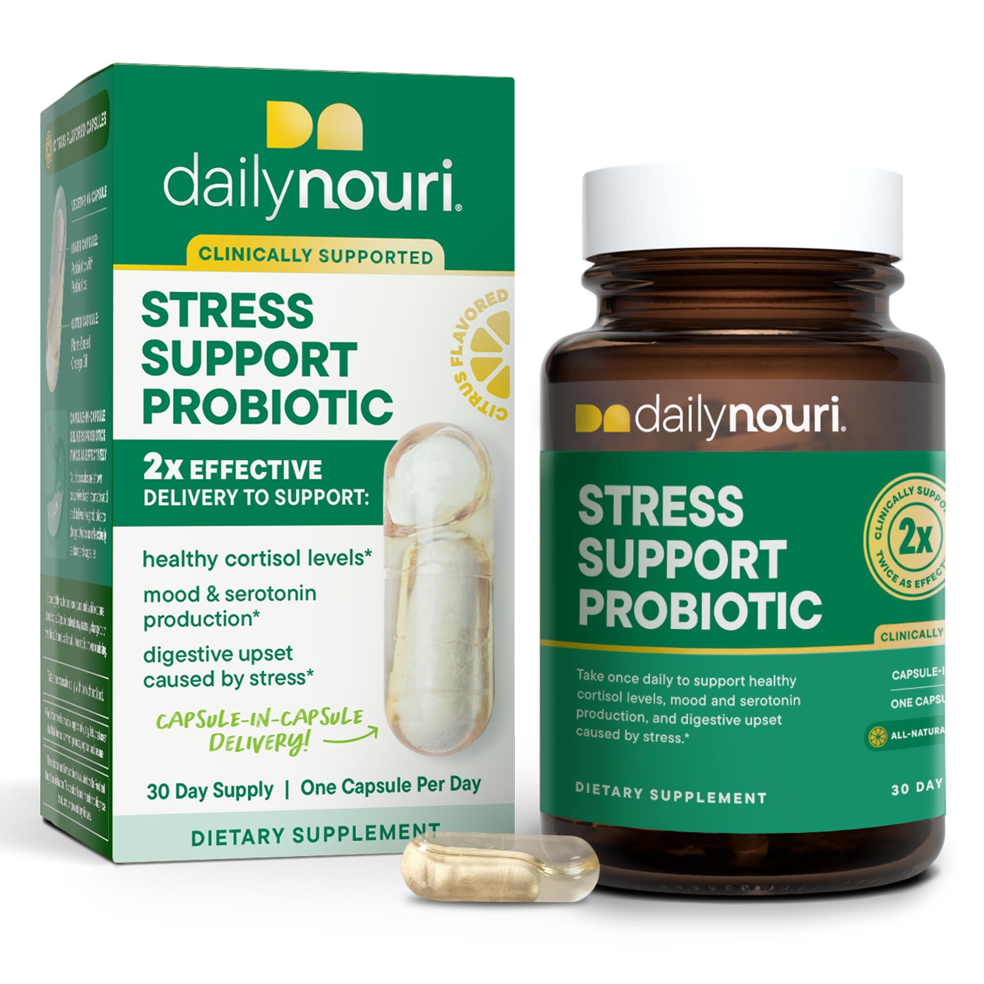 Nouri Daily Nouri Stress Support Probiotic | Cortisol Management & Daily Stress Relief with Prebiotics, Probiotics & Plant-Based Omega Oil | PreForPro Bacteriophage | 30-Day Supply