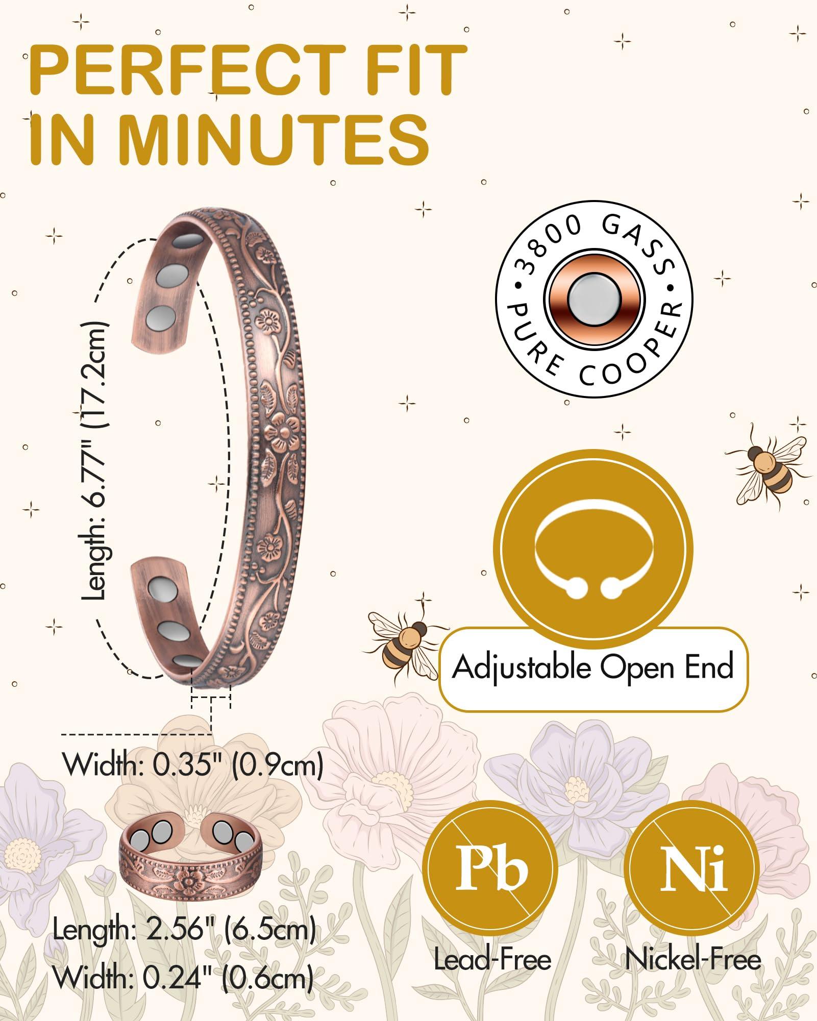 Feraco Feraco Copper Bracelet & Lymphatic Drainage Rings for Women, Vintage Flower Copper Magnetic Cuff Bangle, 99.99% Pure Copper with Neodymium Magnets, Adjustable with Gift Box