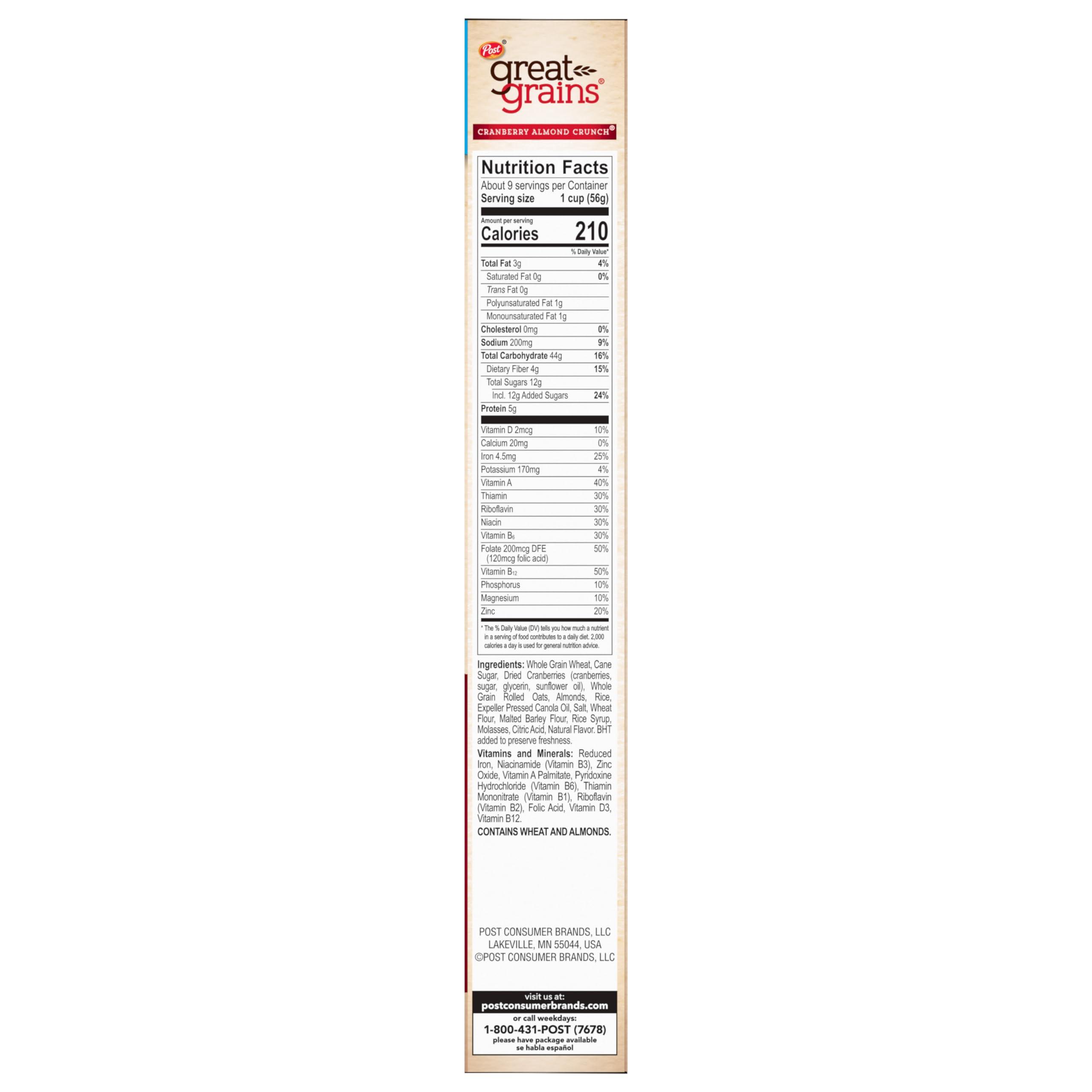 Post Great Grains Cranberry Almond Crunch Cereal, Cereal with Dried Cranberries and Almonds, Non-GMO Project Verified, 17 OZ Box