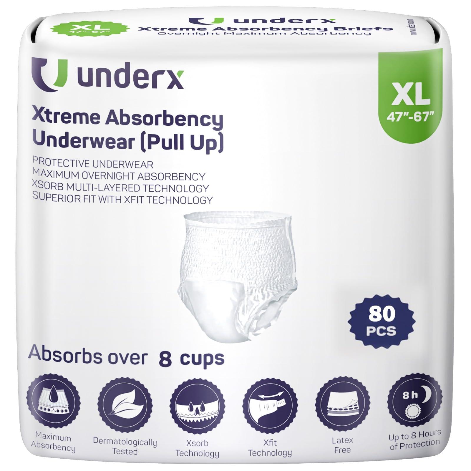 Underx UnderX Adult Disposable Incontinence Underwear Maximum Absorbency Pull Ups, Absorbs 8 Cups of Liquid, Overnight Pullups Comfort, Leak Protection, Soft Latex-Free Diaper (X-Large, 80 Count)