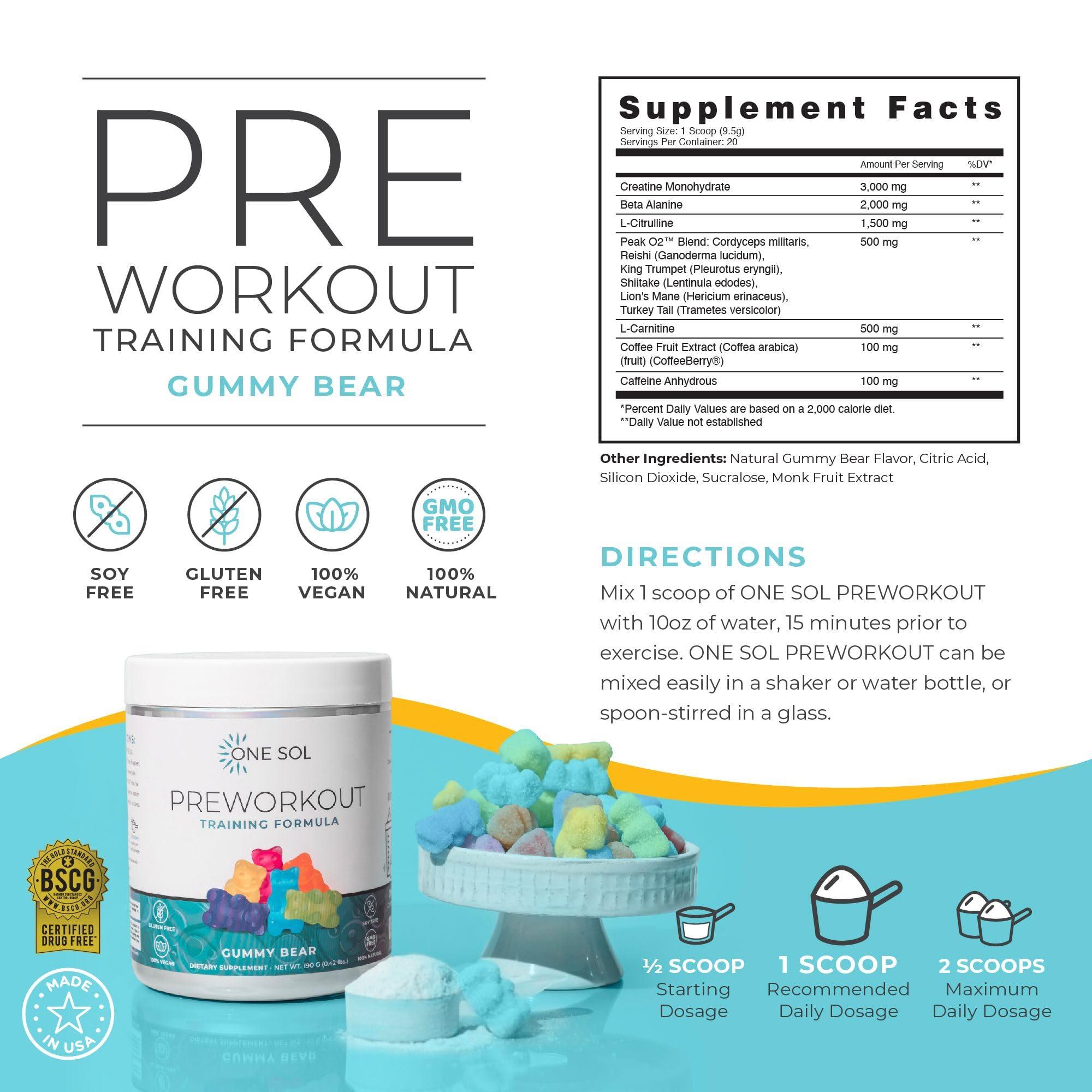 One Sol One Sol Pre-Workout for Women, Enhanced Pump & Focus, No Jitters Or Crash, Natural Ingredients, 100% Vegan, Gluten Free & Soy Free, (Gummy Bear)