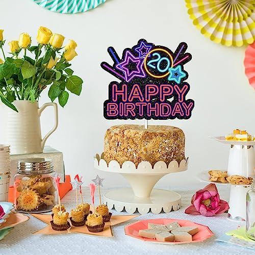 HEYUWING Colorful Glitter Star Happy Birthday 20 Cake Topper Lets Glow Crazy Party Theme Decoration Supplies Boys Girls Happy 20th Birthday Anniversary Party Decor Supplies