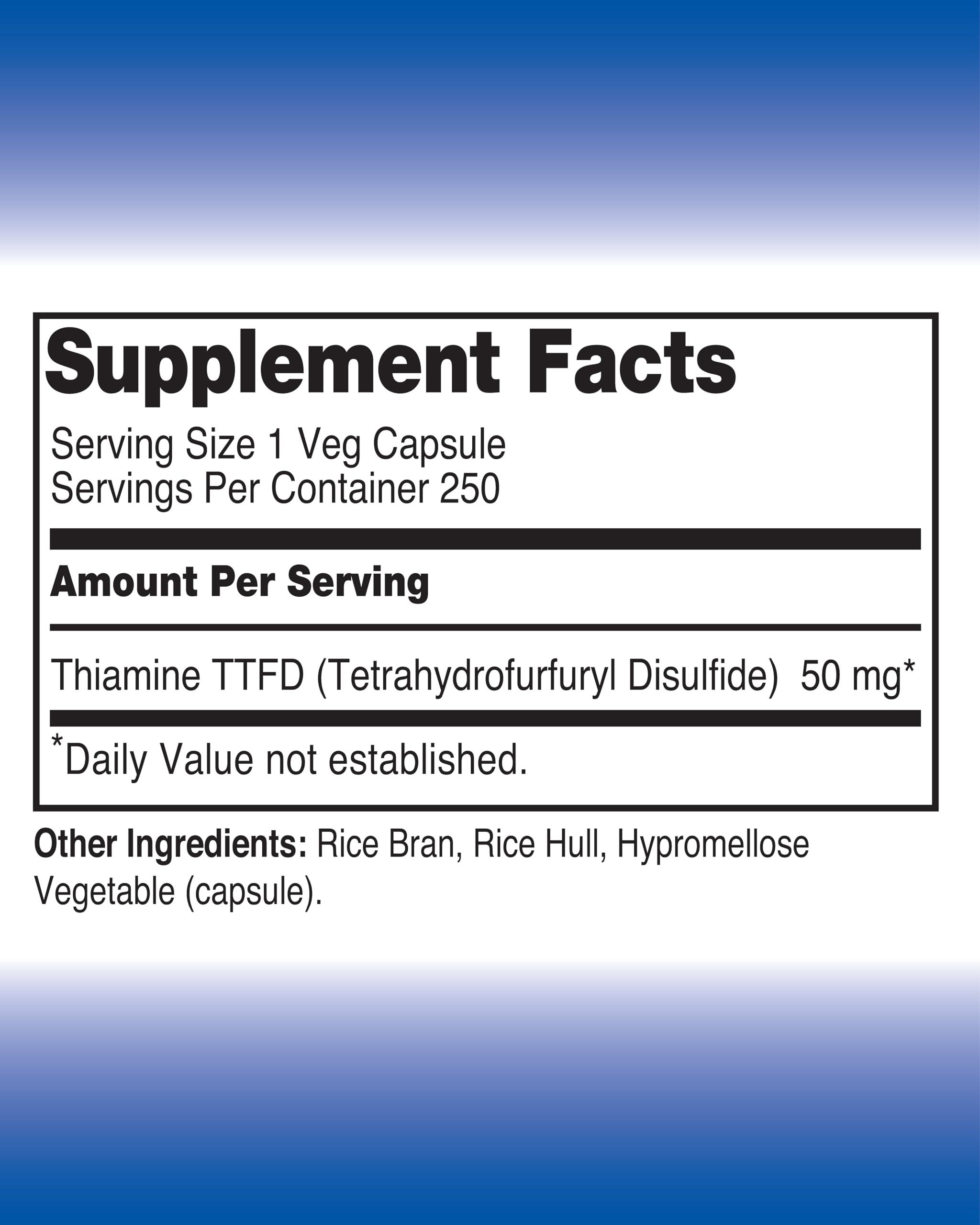 The One Pill Integrative Healing The One Pill Integrative Healing Vitamine B1 Thiamine TTFD, Thiamine Tetrahydrofurfuryl Disulfide, 50mg-250Capsules,Vegan,Non GMO,No Artificial fillers or sterate additives.