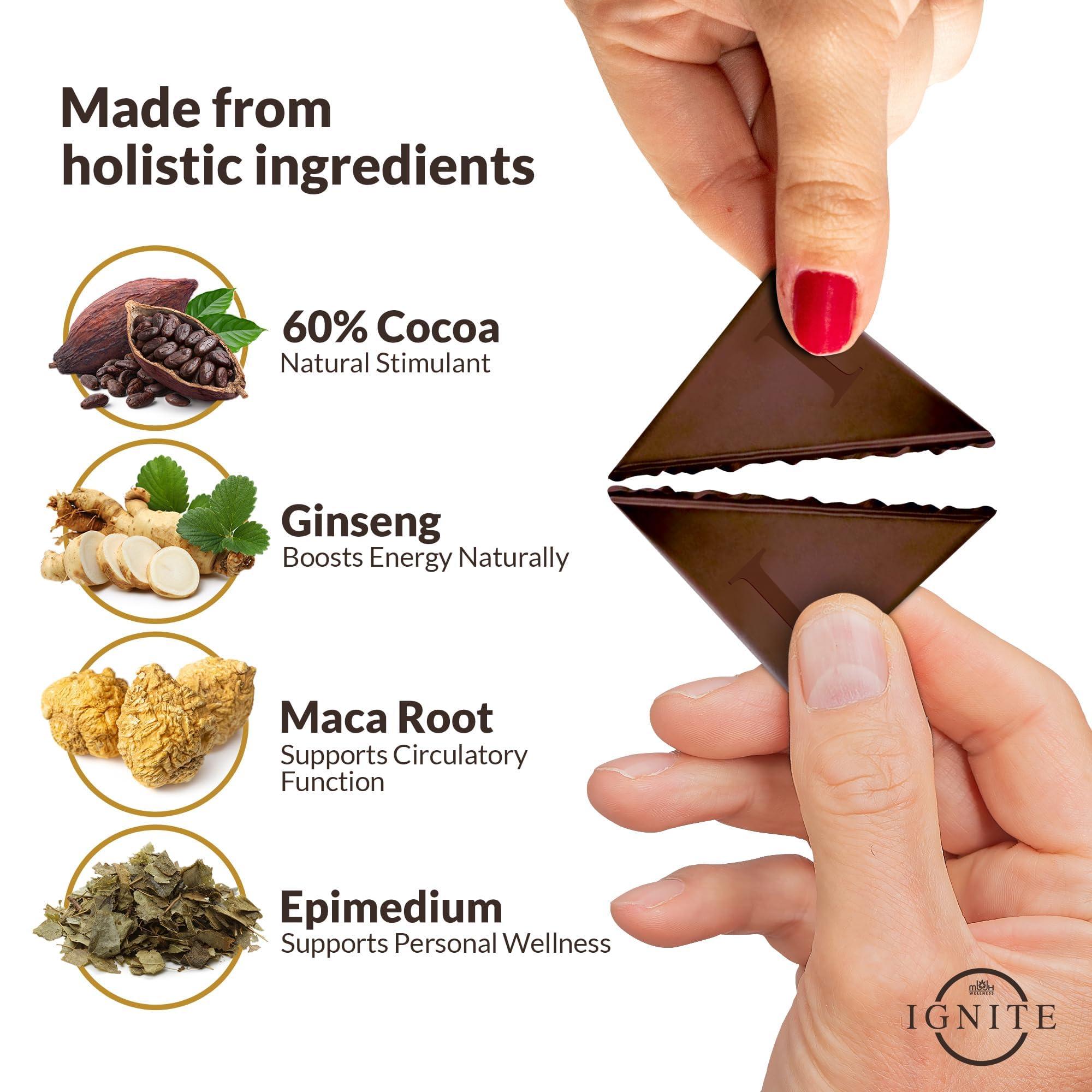 MBDH Wellness Ignite Dark Chocolate Bars - Premium Dark Chocolate Squares for Couples - 60% Cocoa, Vegetarian - Crafted with Epimedium and Maca Root for a Delightful Experience - Ideal for Men & Women - Pack of 1