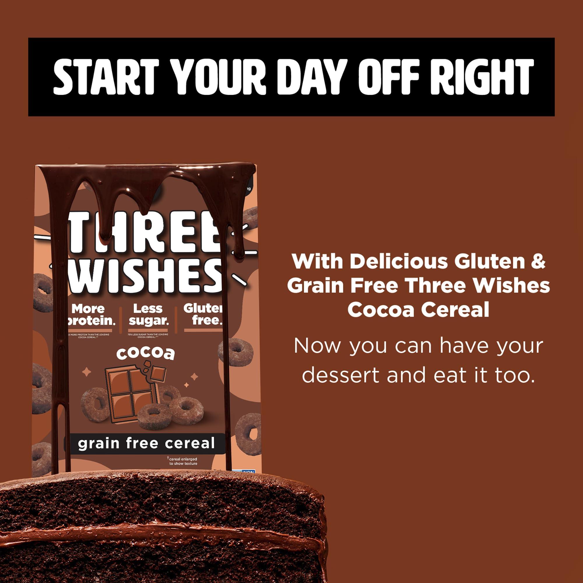 Three Wishes Plant-Based and Vegan Breakfast Cereal by Three Wishes - Cocoa, 4 Pack - More Protein and Less Sugar Snack - Gluten-Free, Grain-Free - Non-GMO